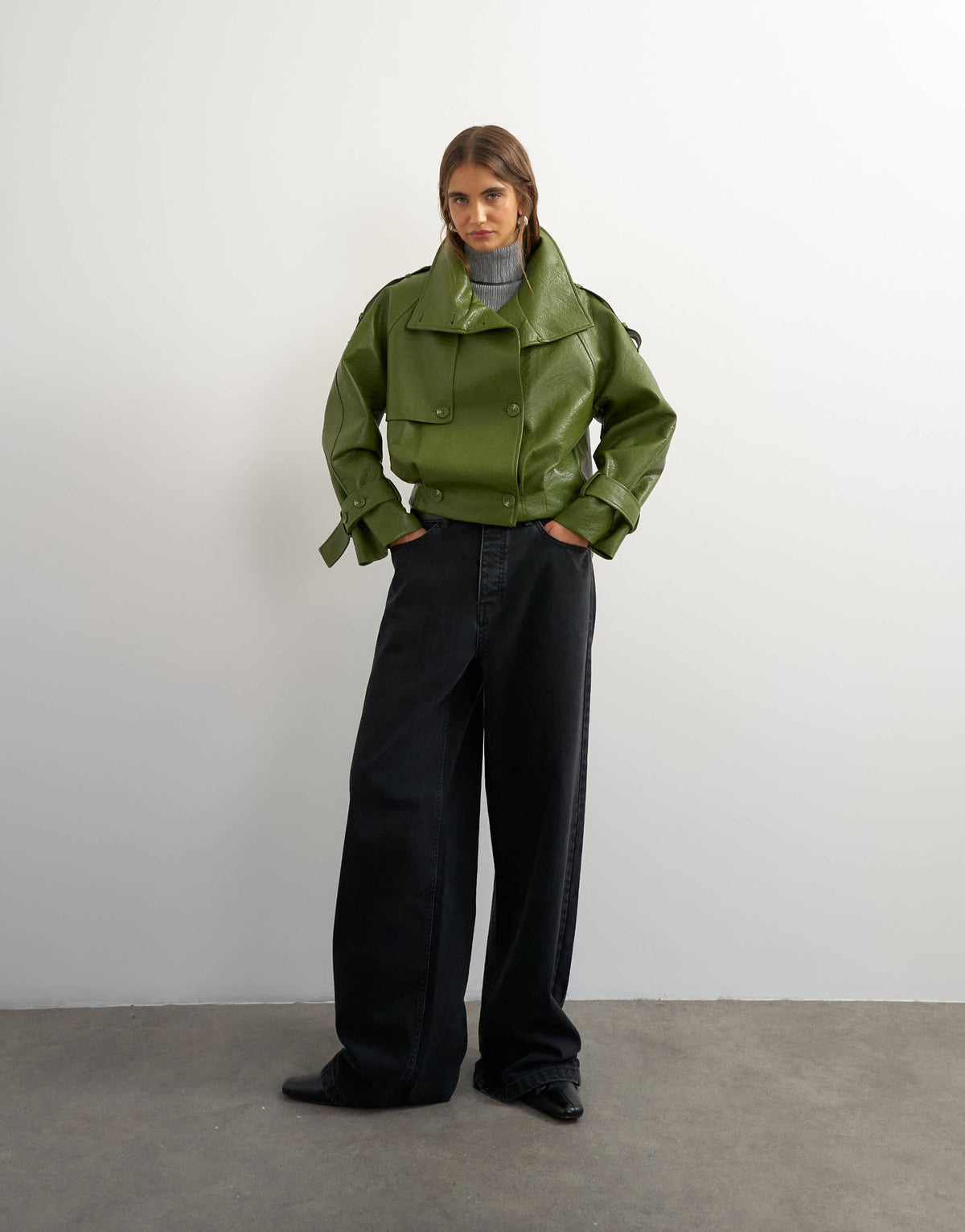 Topshop faux leather short mac in olive