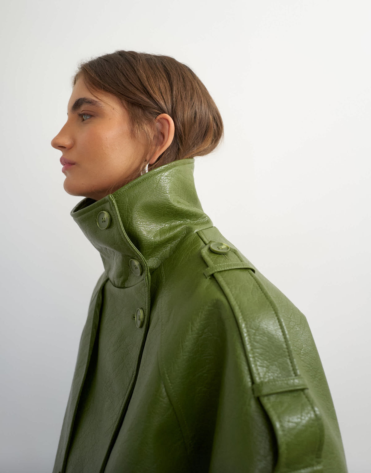 Topshop faux leather short mac in olive