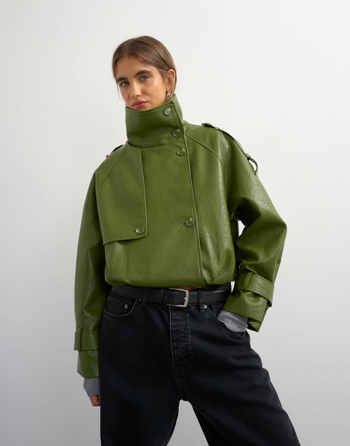 Topshop faux leather short mac in olive
