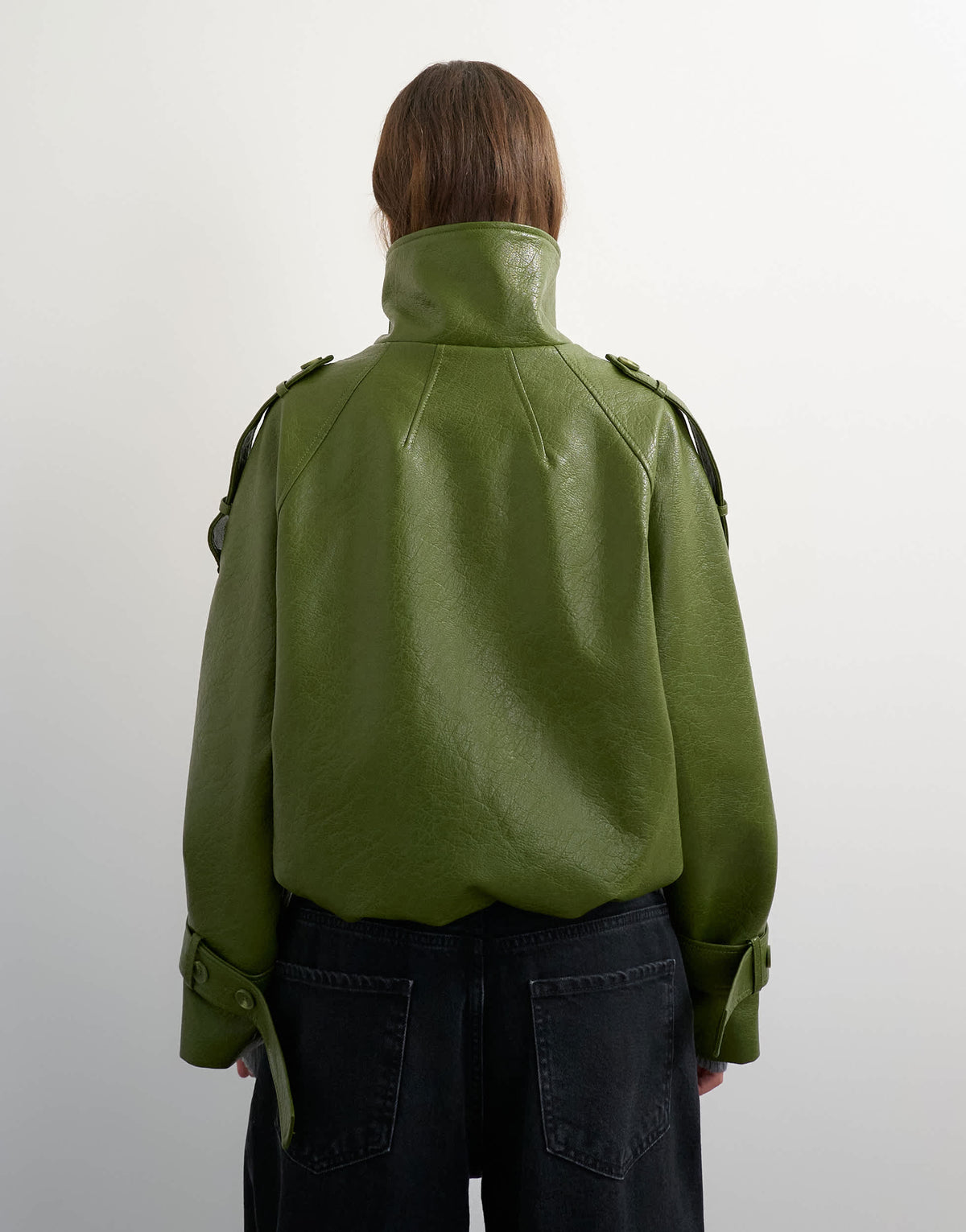 Topshop faux leather short mac in olive