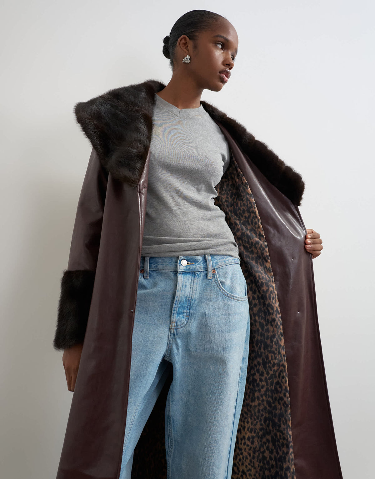 Topshop faux leather long coat with faux fur trims in burgundy