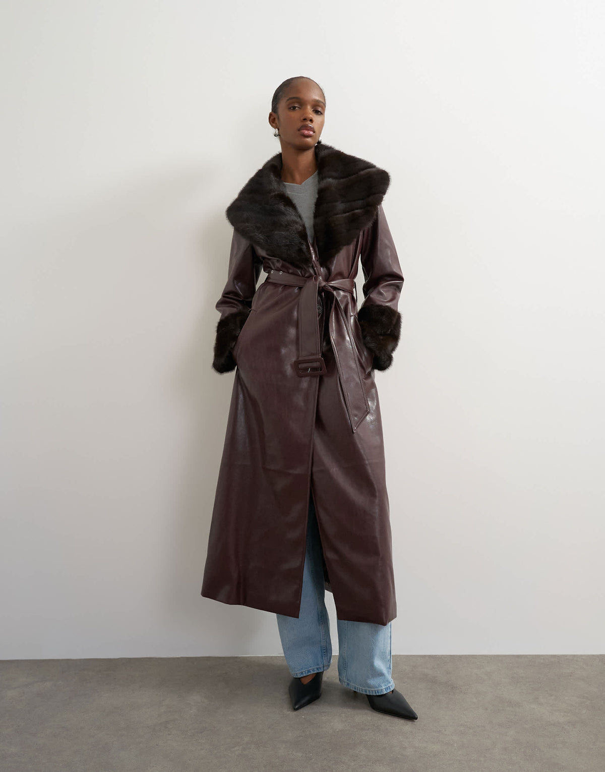 Topshop faux leather long coat with faux fur trims in burgundy