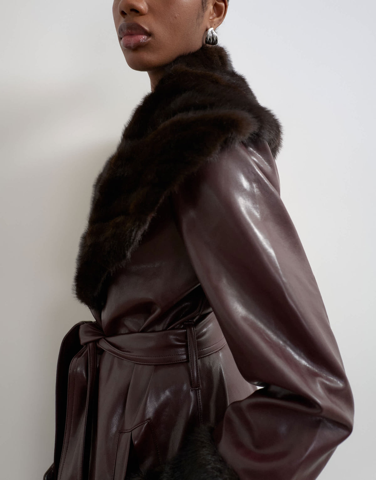 Topshop faux leather long coat with faux fur trims in burgundy