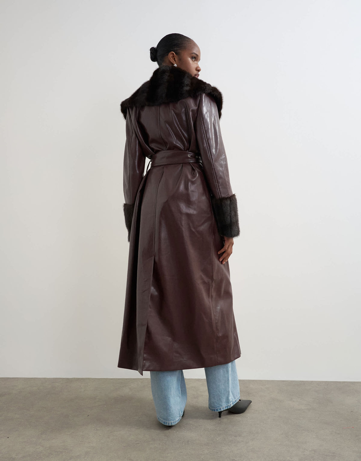 Topshop faux leather long coat with faux fur trims in burgundy