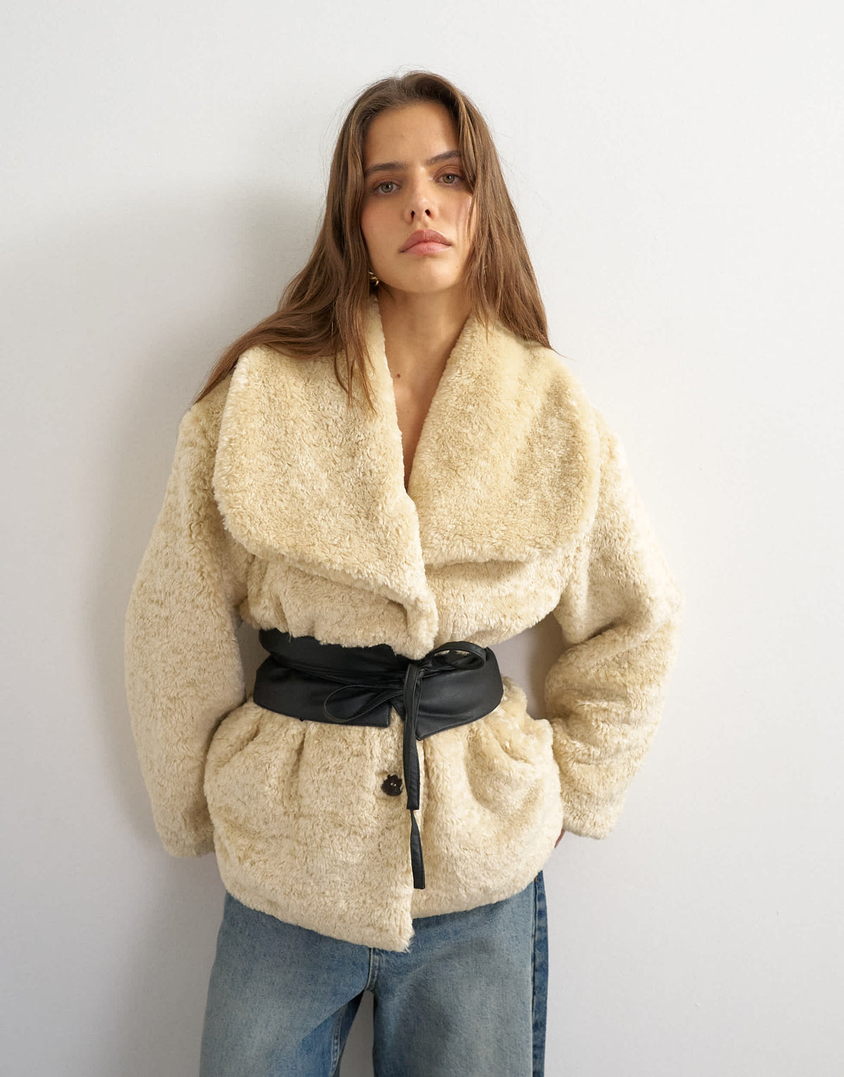 Topshop borg coat with faux leather belt in cream