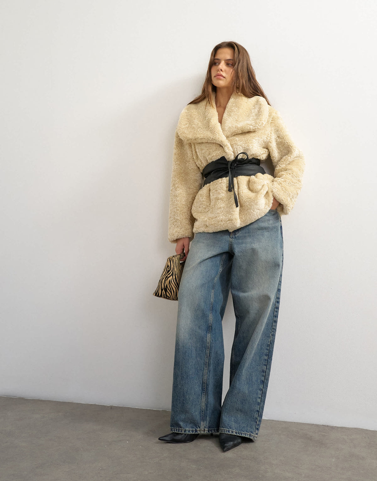 Topshop borg coat with faux leather belt in cream