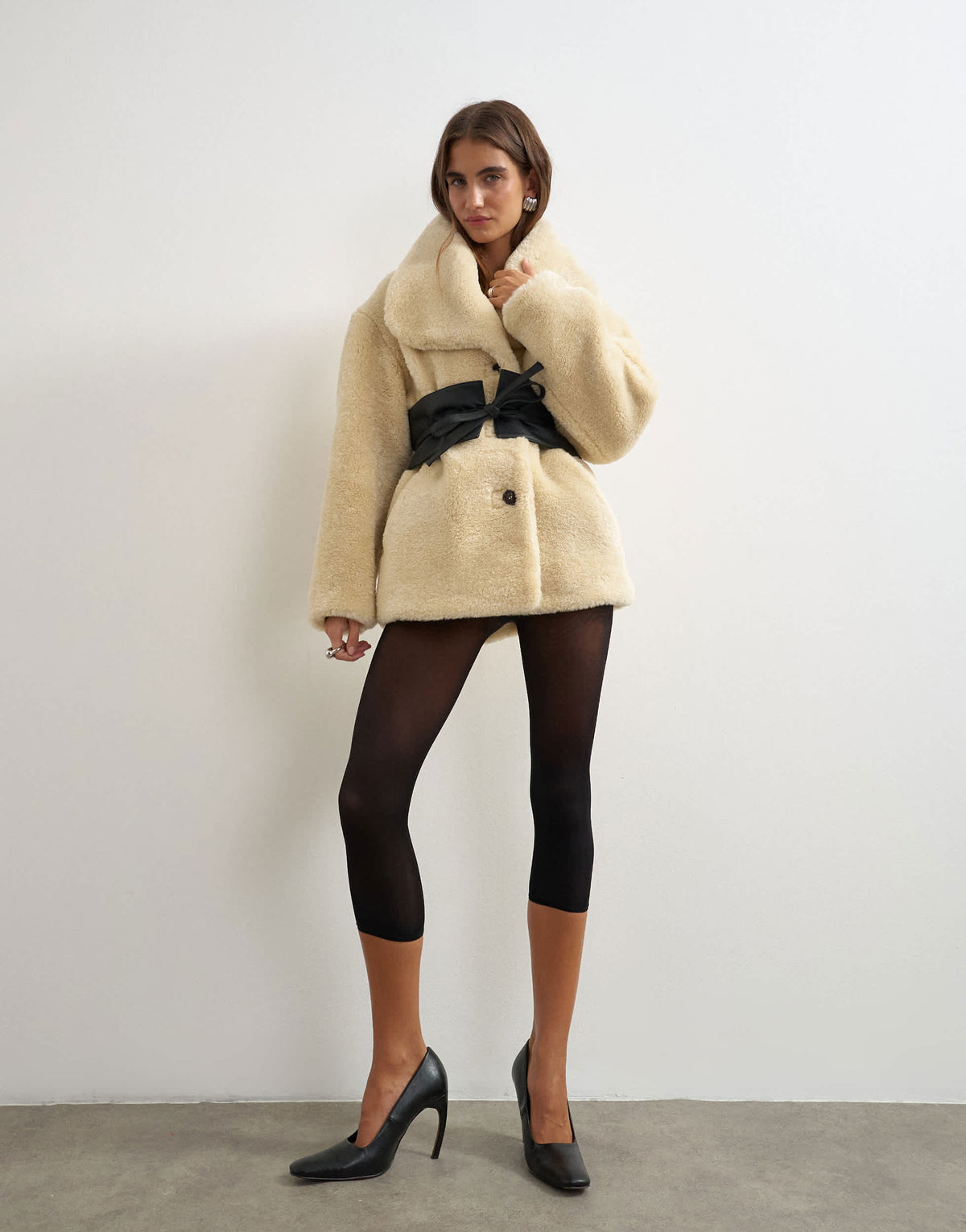 Topshop borg coat with faux leather belt in cream