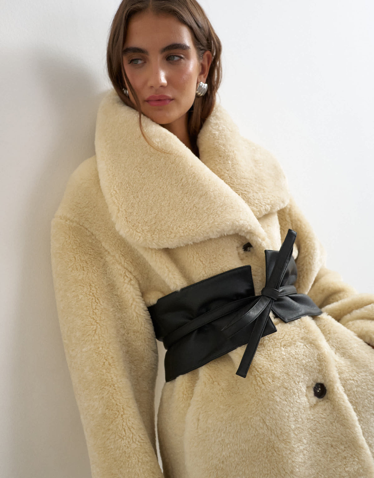 Topshop borg coat with faux leather belt in cream