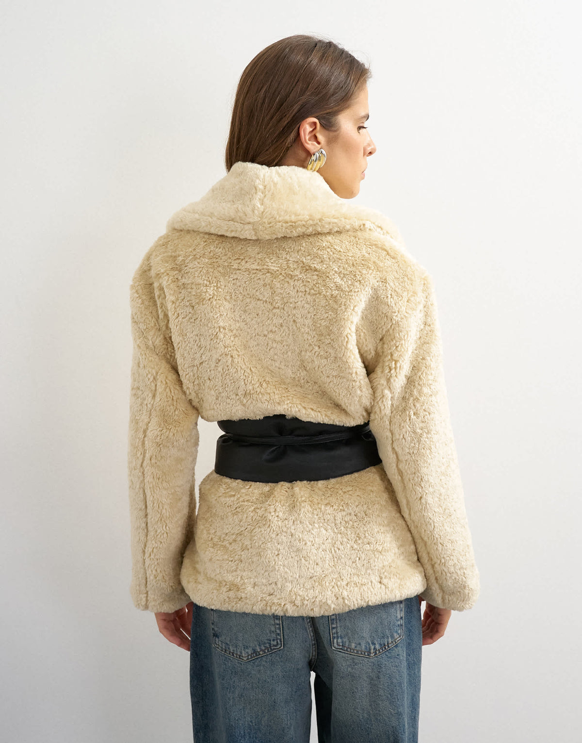 Topshop borg coat with faux leather belt in cream