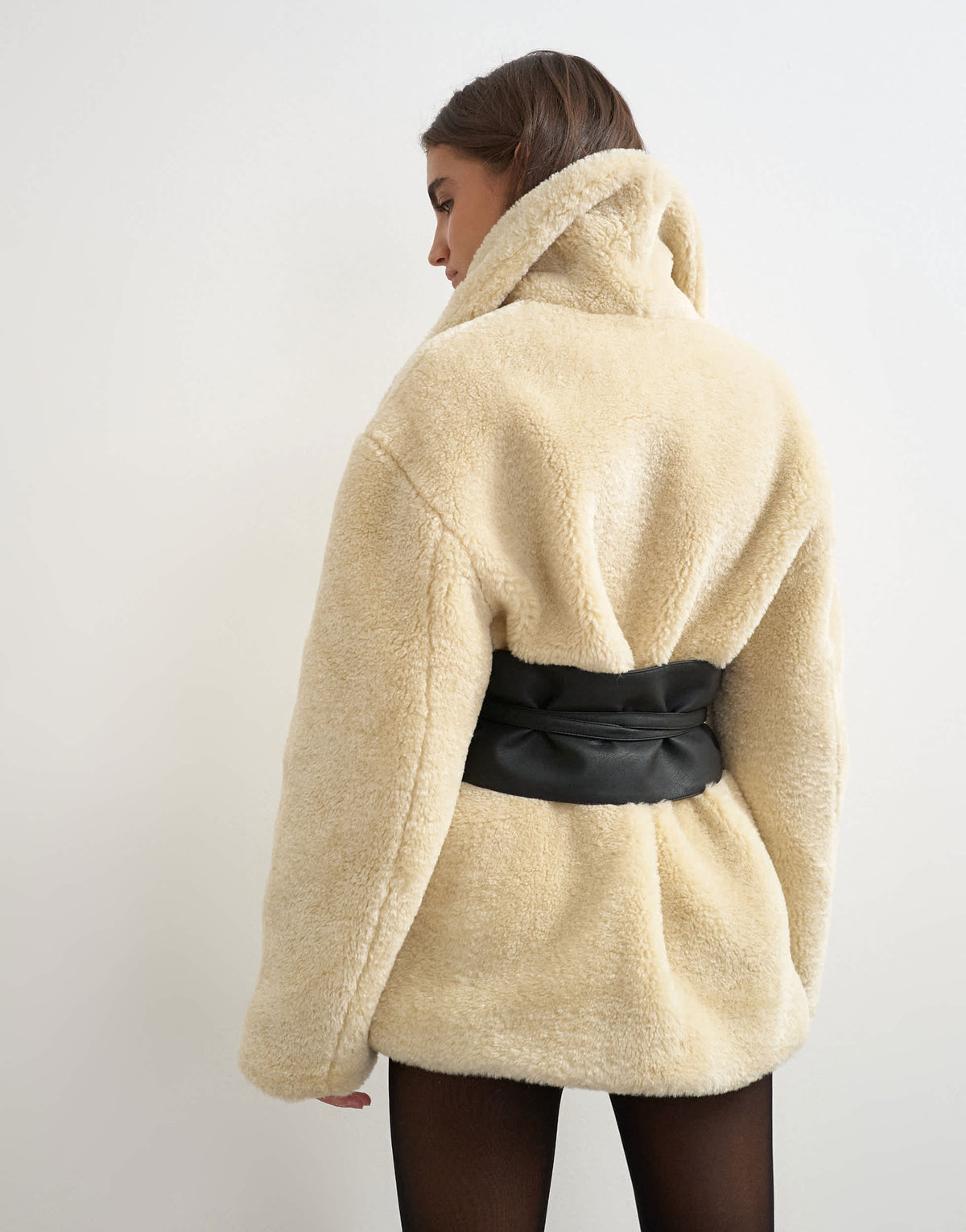 Topshop borg coat with faux leather belt in cream