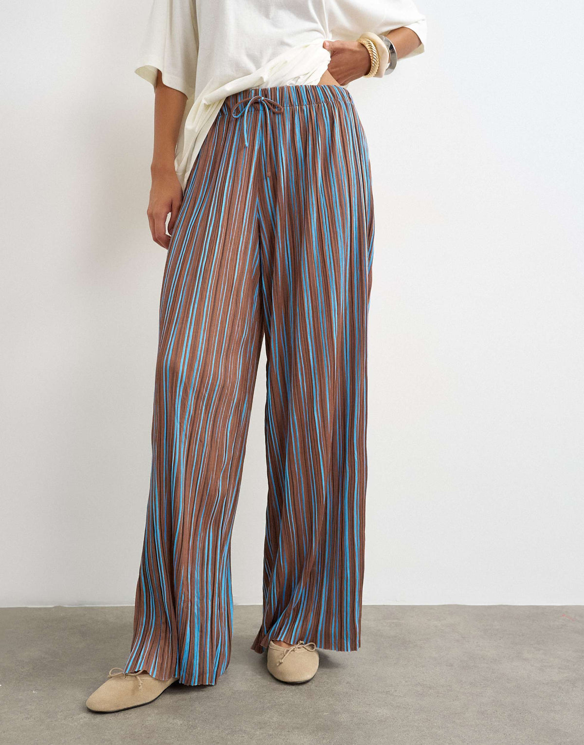 Topshop stripe plisse trouser in brown