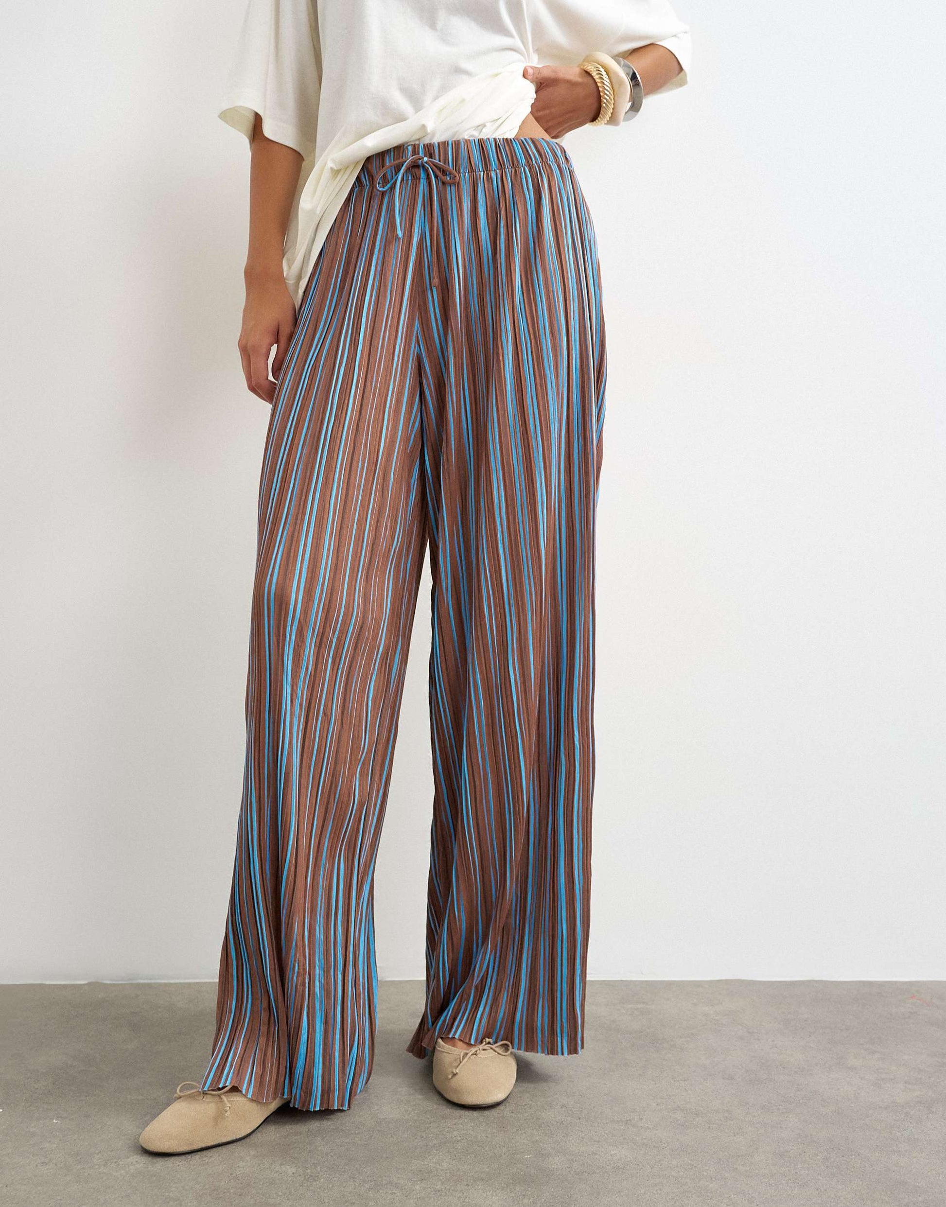 Topshop stripe plisse trouser in brown