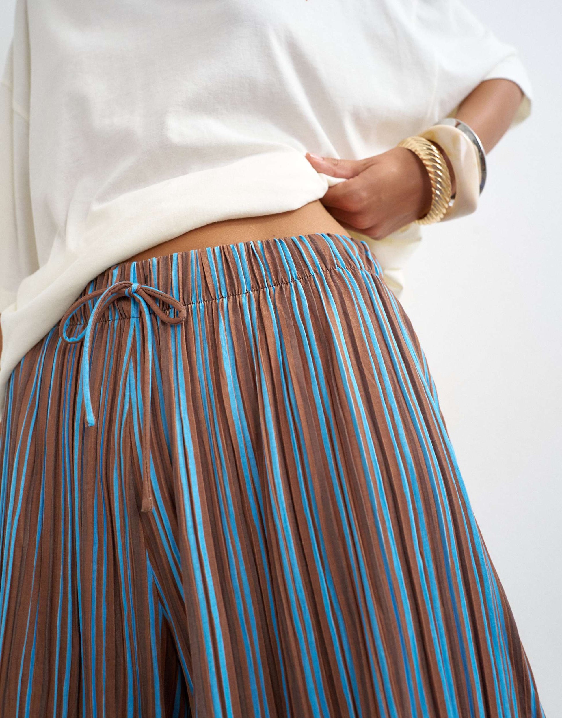 Topshop stripe plisse trouser in brown