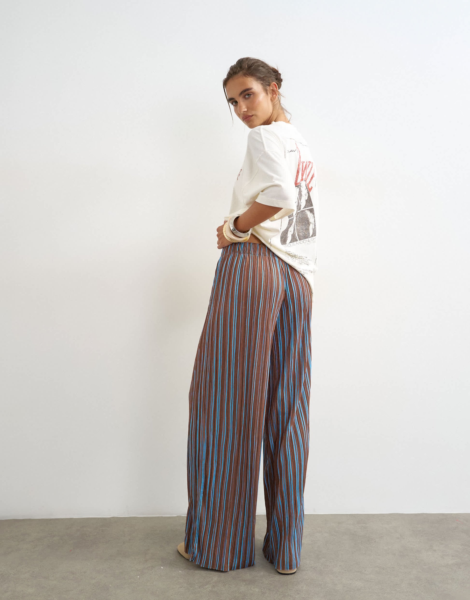Topshop stripe plisse trouser in brown