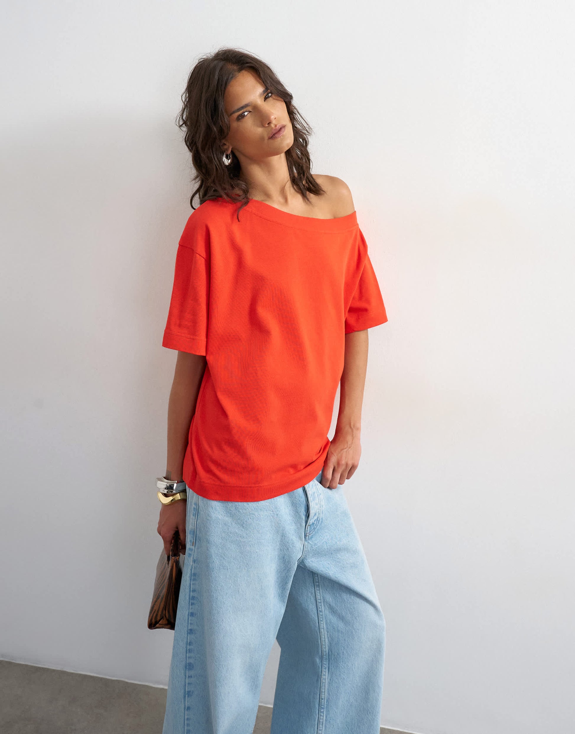 Topshop fallen shoulder t-shirt in red