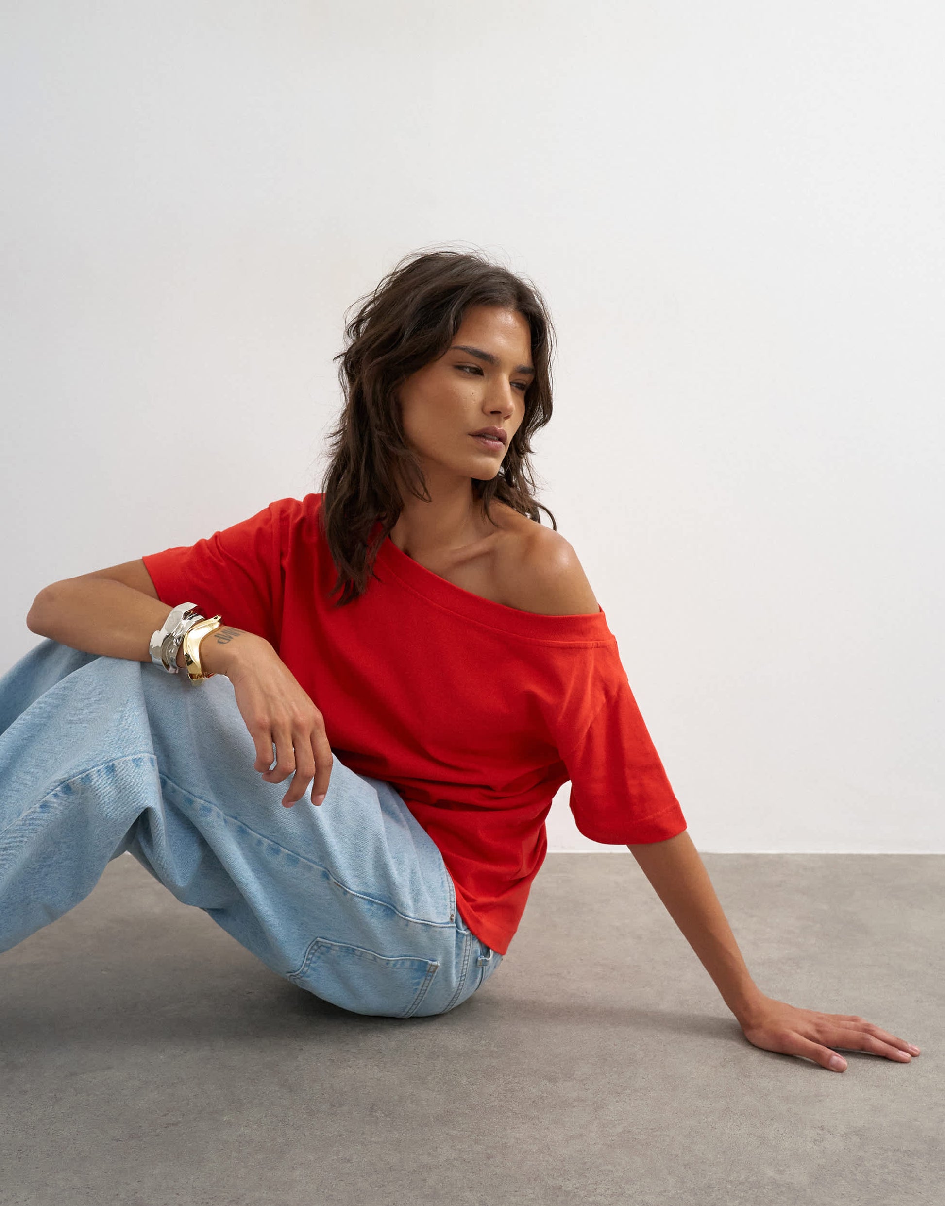 Topshop fallen shoulder t-shirt in red