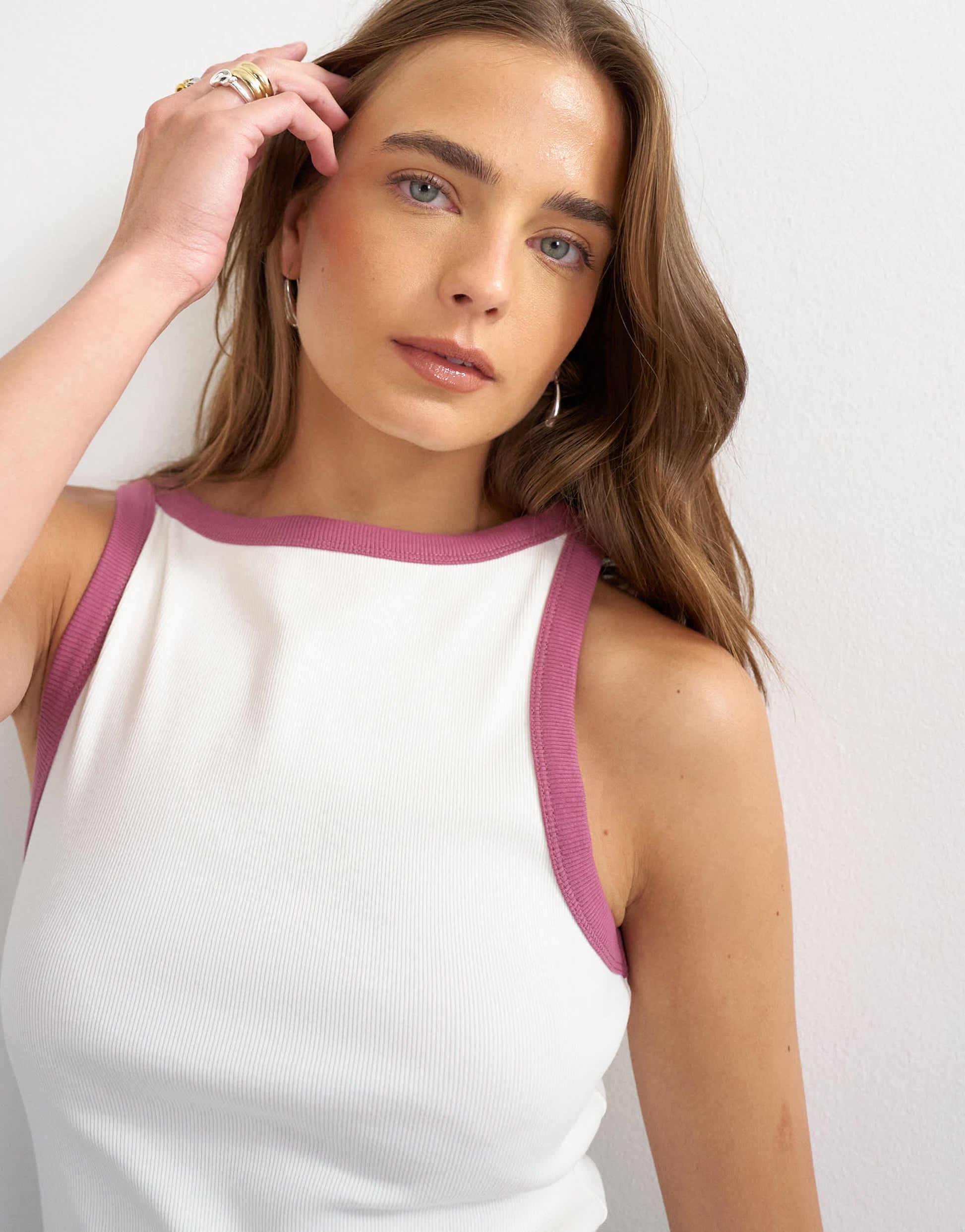 Topshop burgundy tipping slash neck racer vest in ecru
