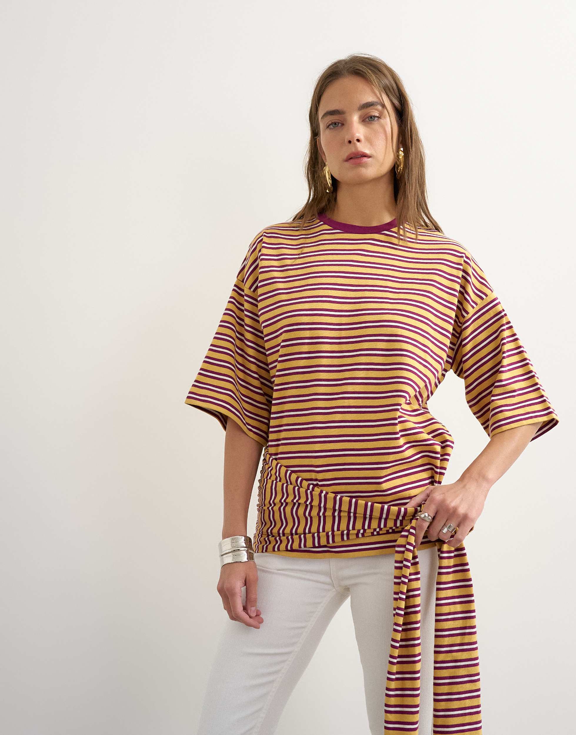 Topshop stripe wrap waist tie detail top in neutral