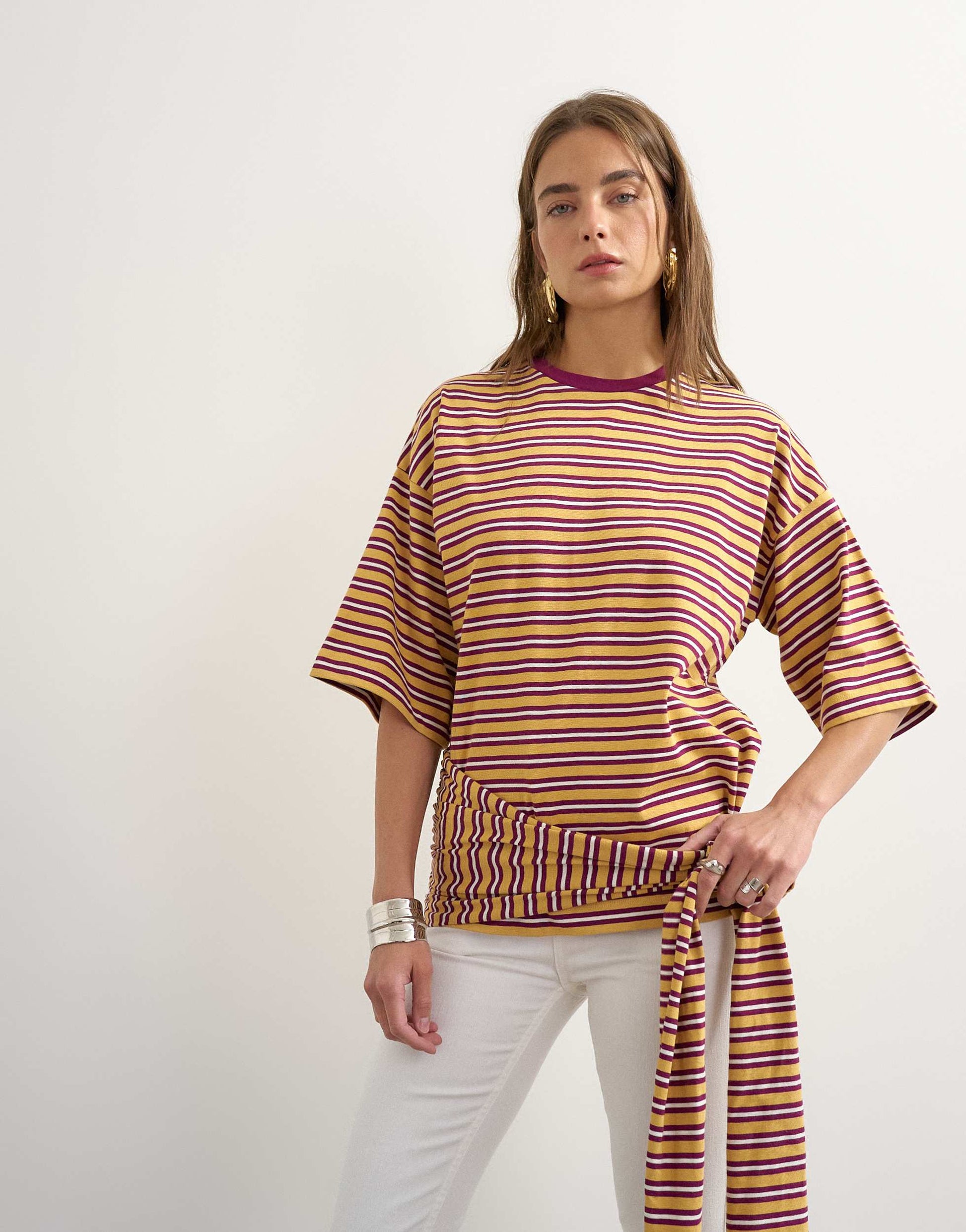 Topshop stripe wrap waist tie detail top in neutral