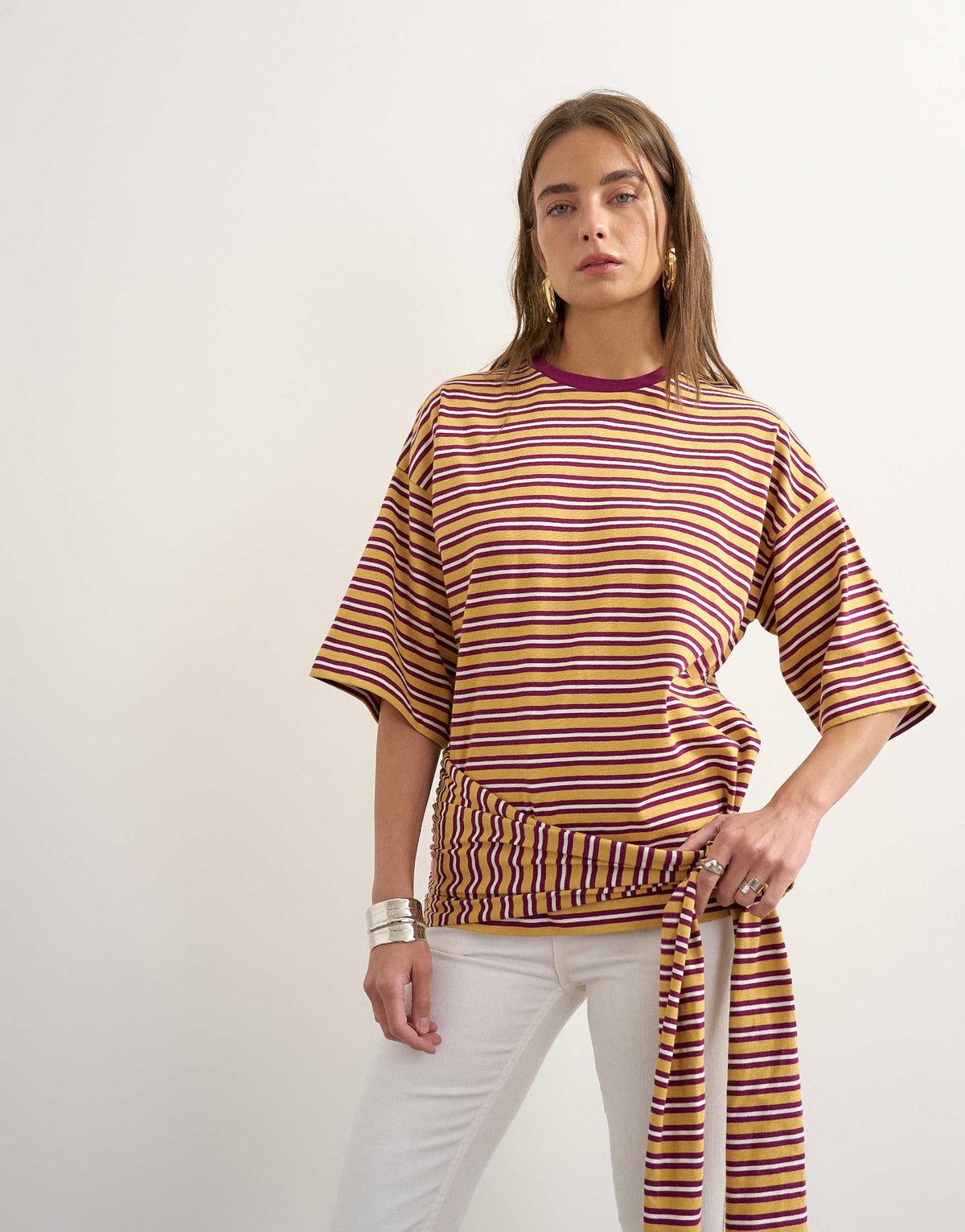 Topshop stripe wrap waist tie detail top in neutral