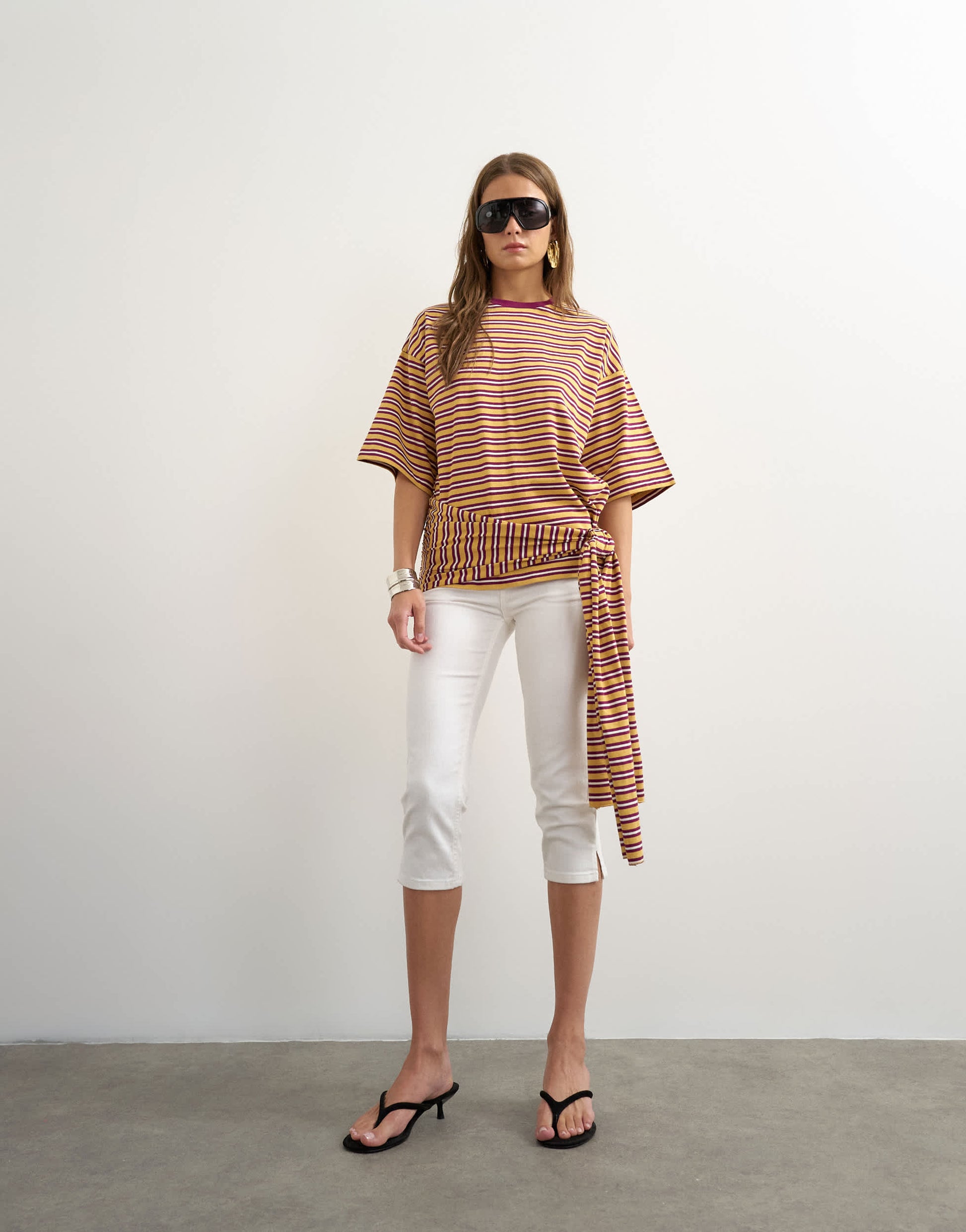 Topshop stripe wrap waist tie detail top in neutral