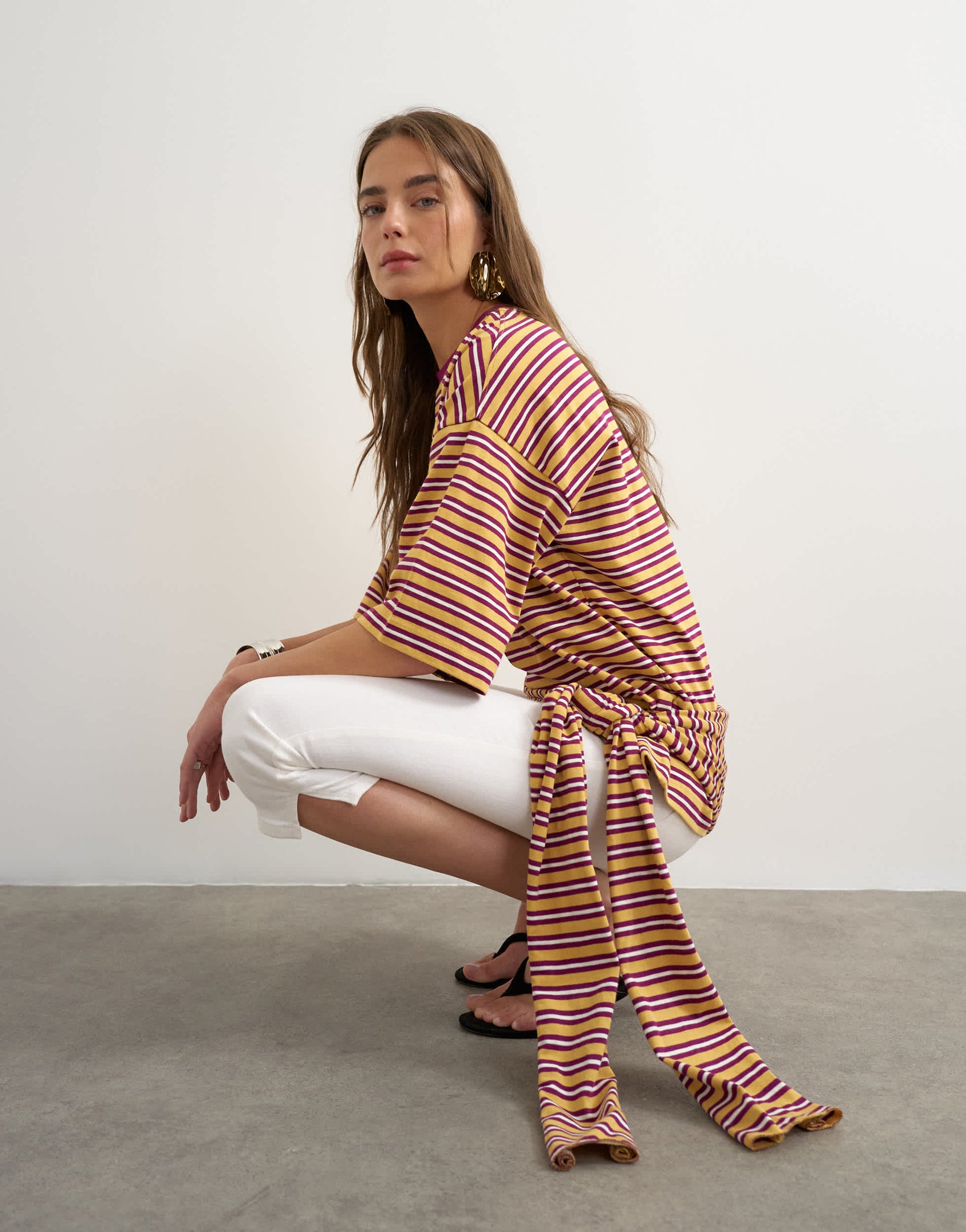 Topshop stripe wrap waist tie detail top in neutral