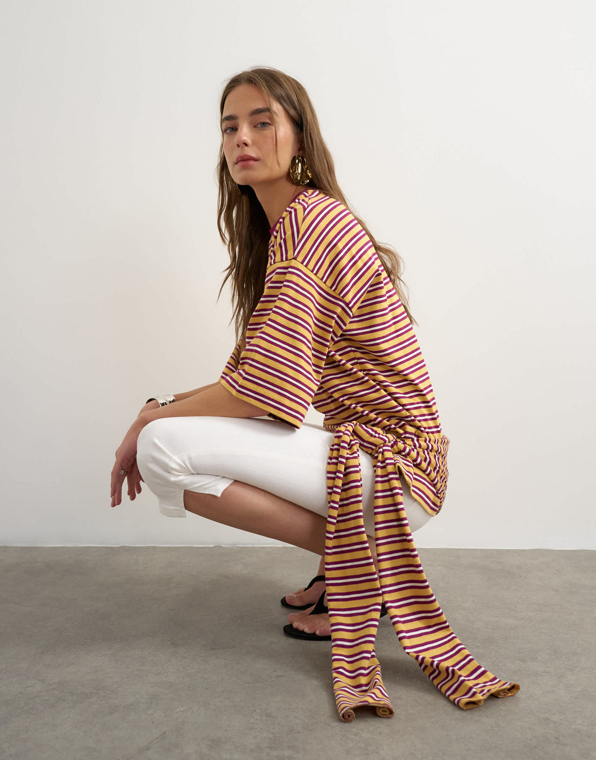 Topshop stripe wrap waist tie detail top in neutral
