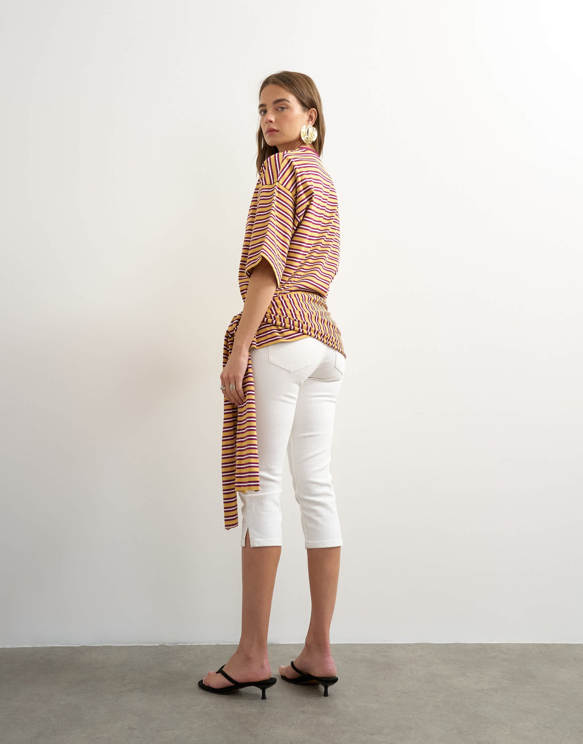 Topshop stripe wrap waist tie detail top in neutral