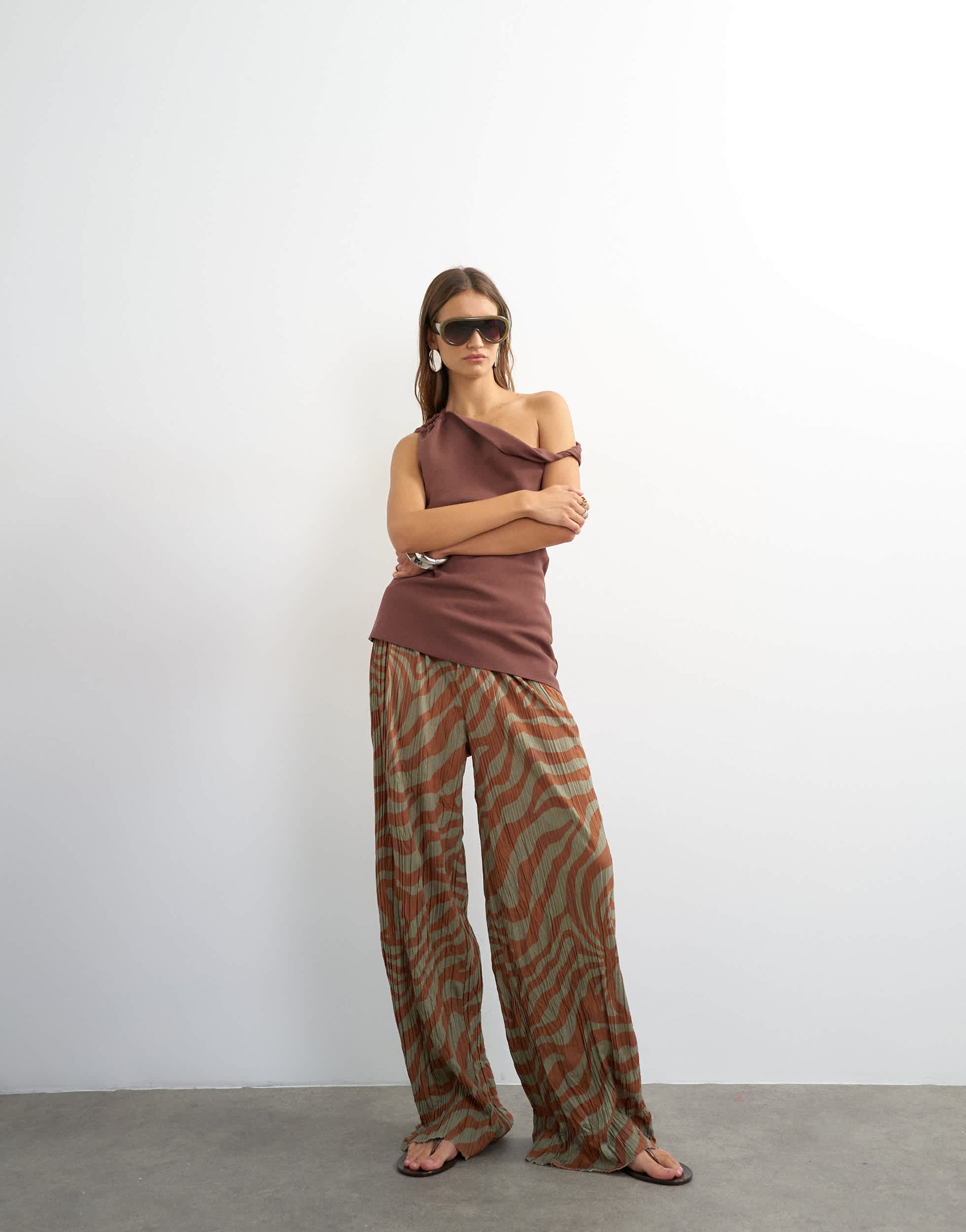 Topshop plisse trouser in brown animal 
