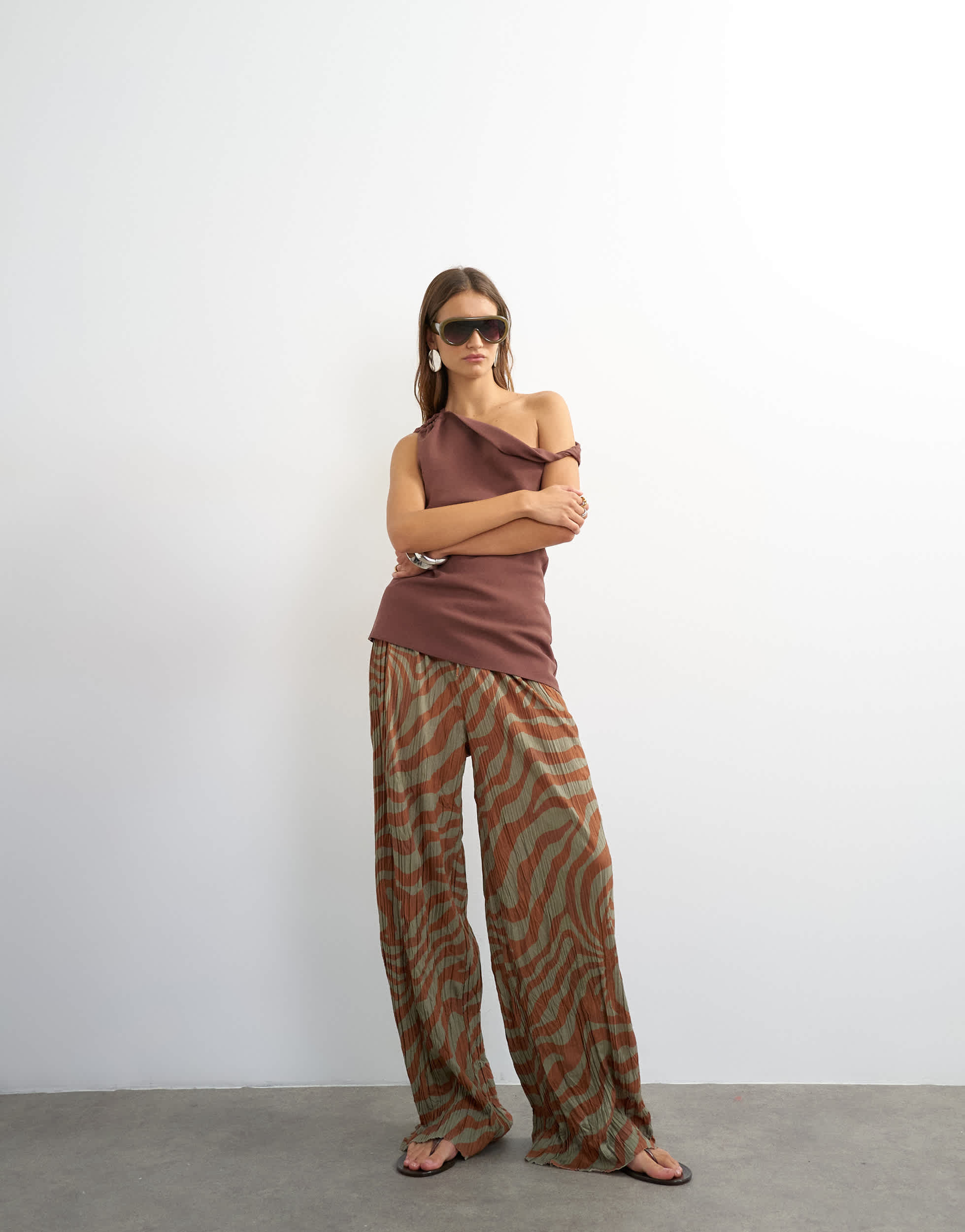 Topshop plisse trouser in brown animal 