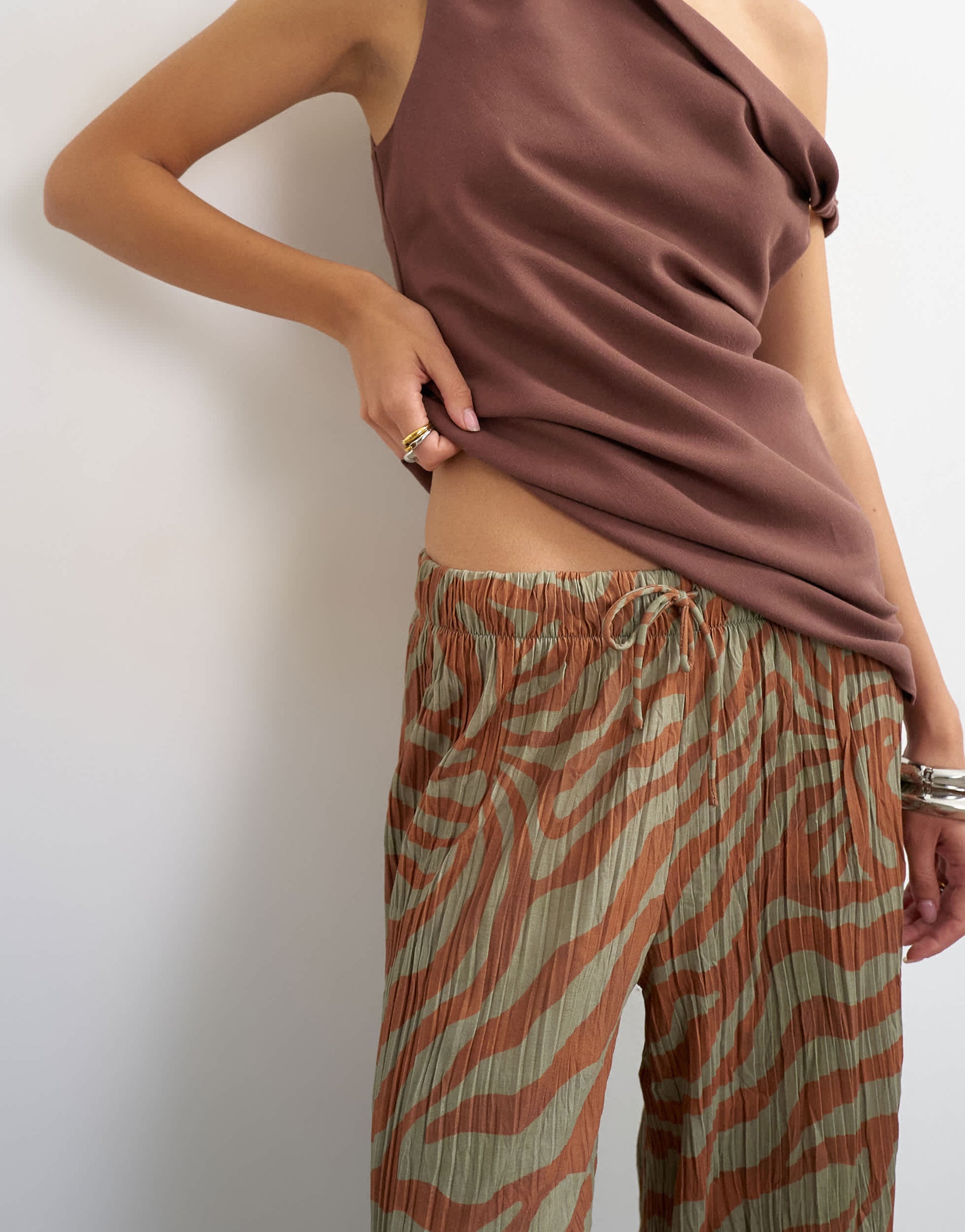 Topshop plisse trouser in brown animal 