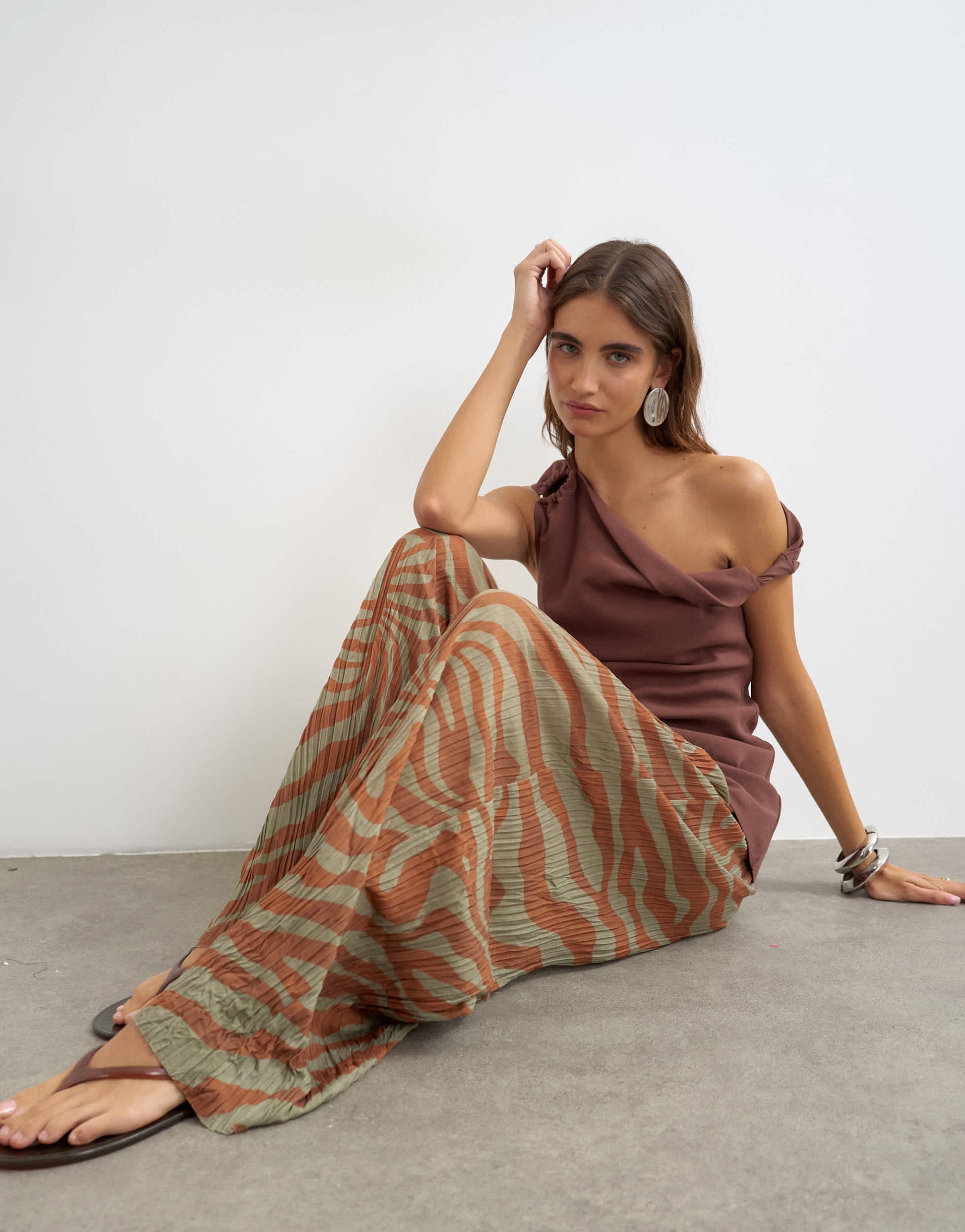 Topshop plisse trouser in brown animal 