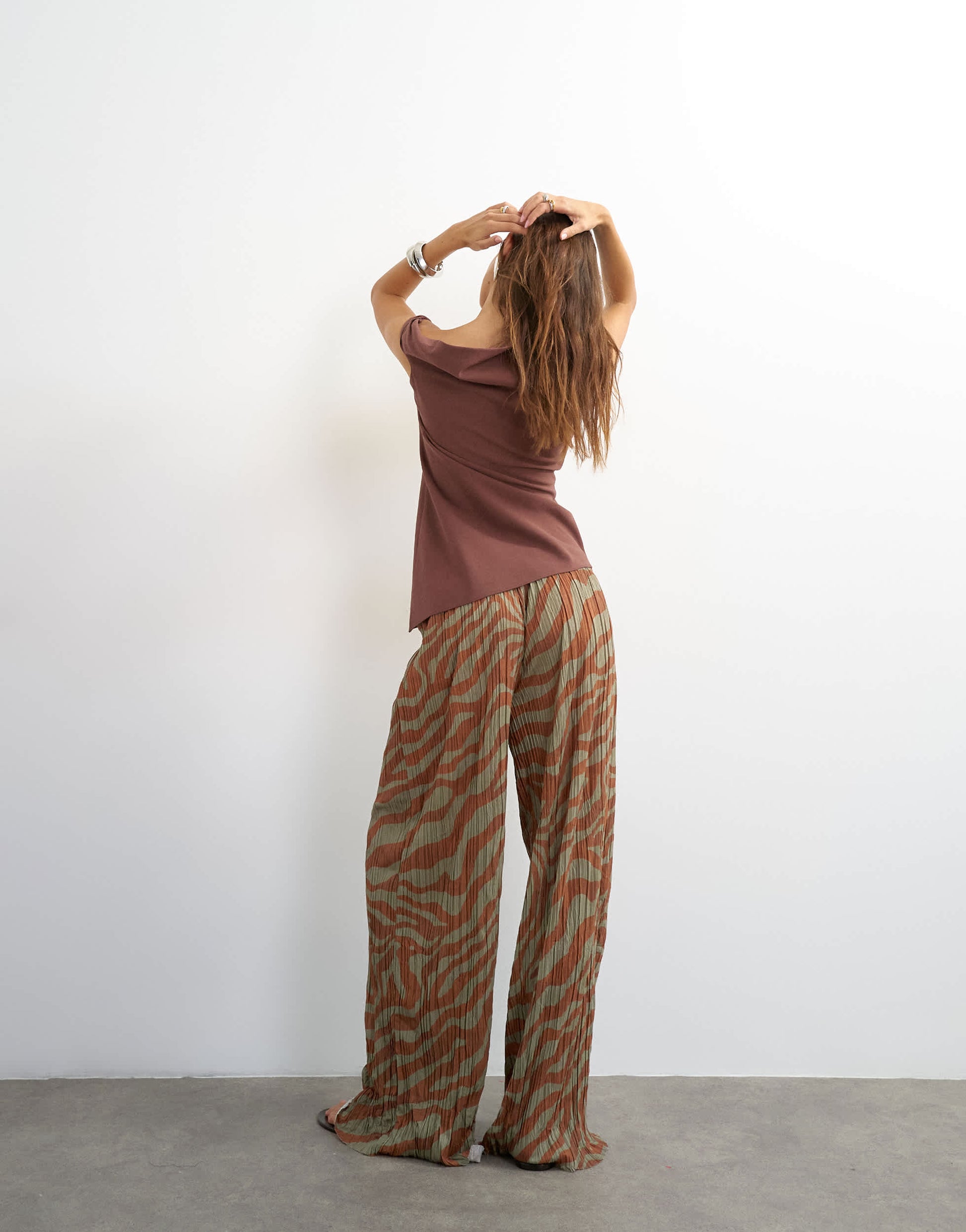 Topshop plisse trouser in brown animal 