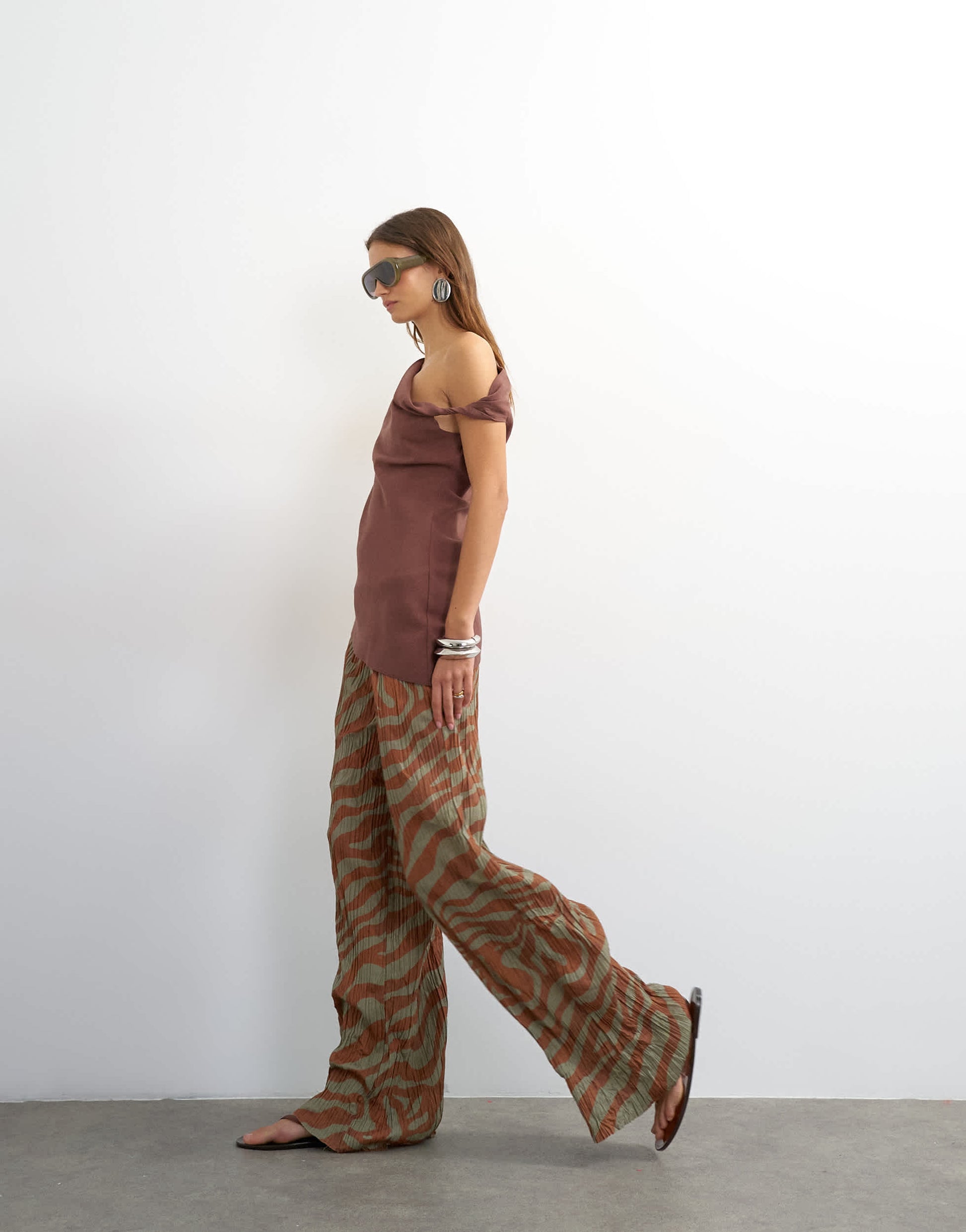 Topshop plisse trouser in brown animal 