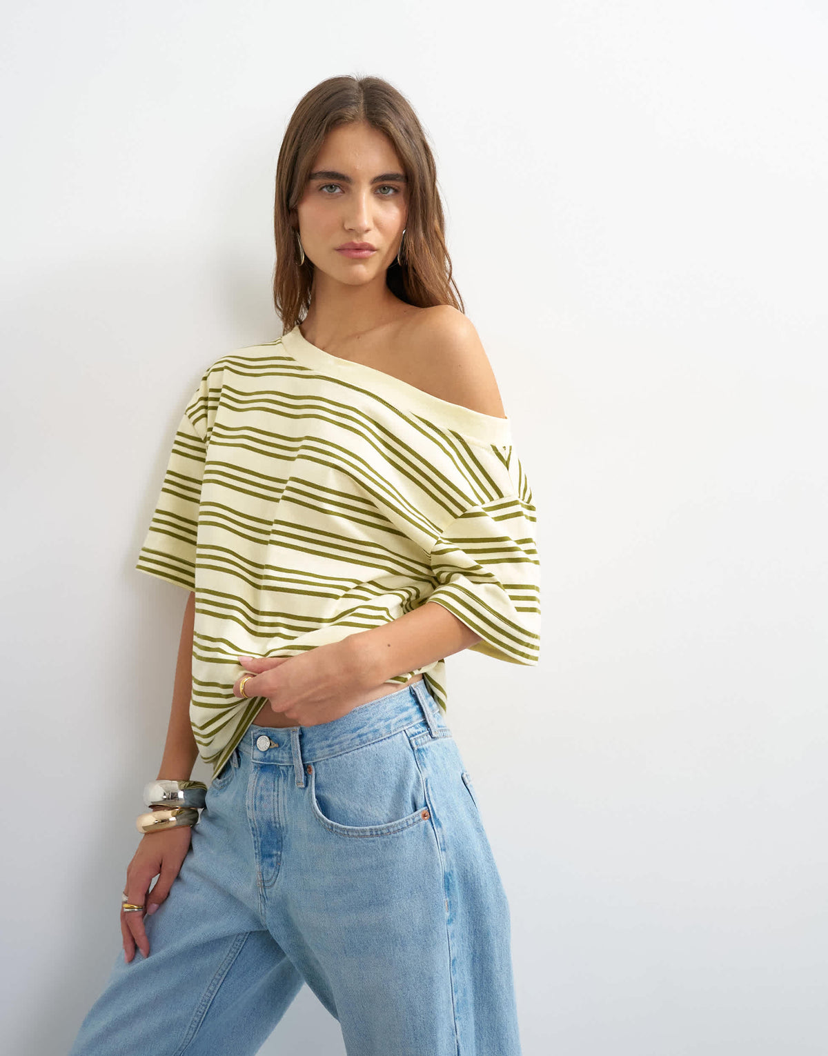 Topshop fallen shoulder t-shirt in yellow stripe