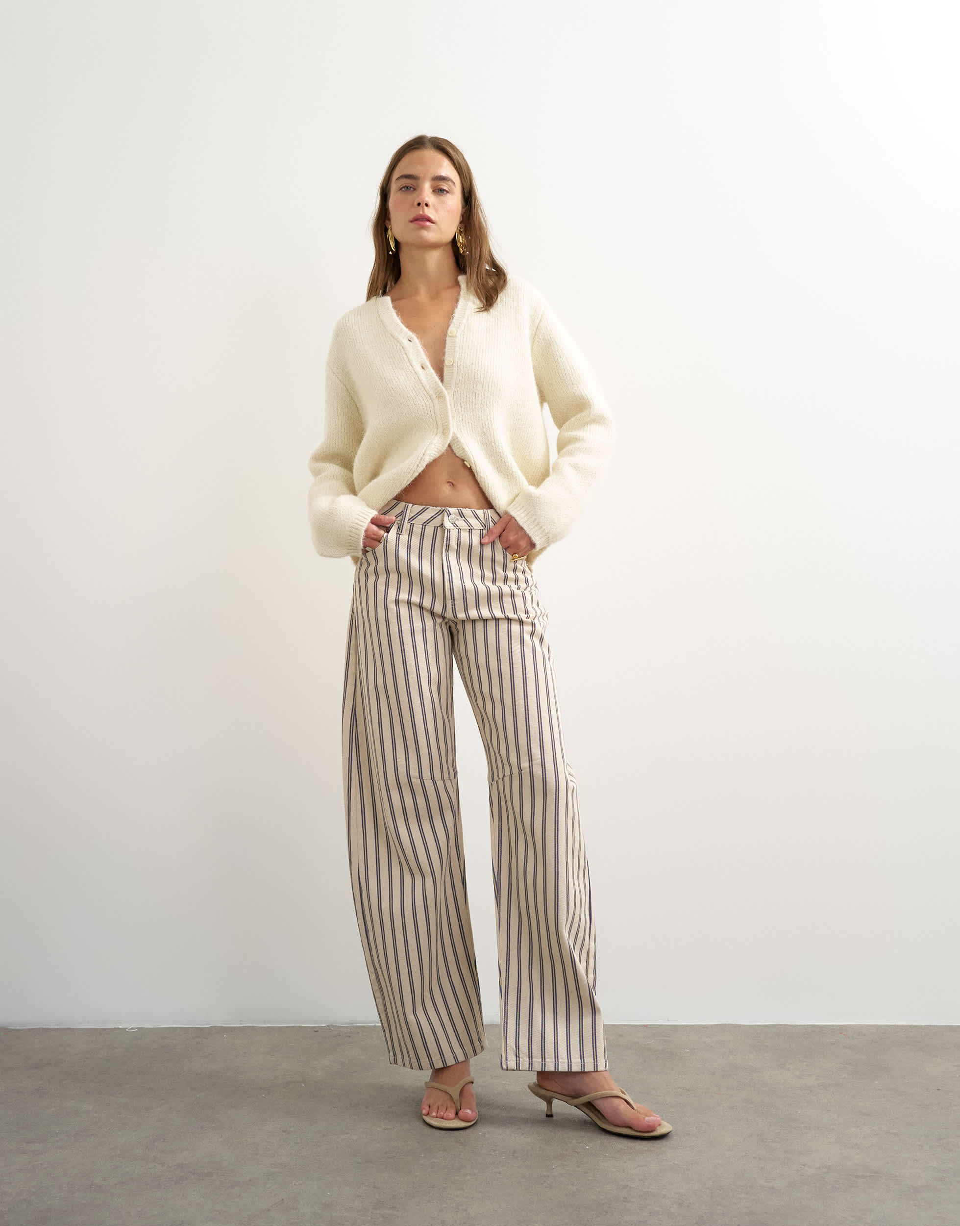 Topshop Barrel mid rise jean in blue and natural stripe