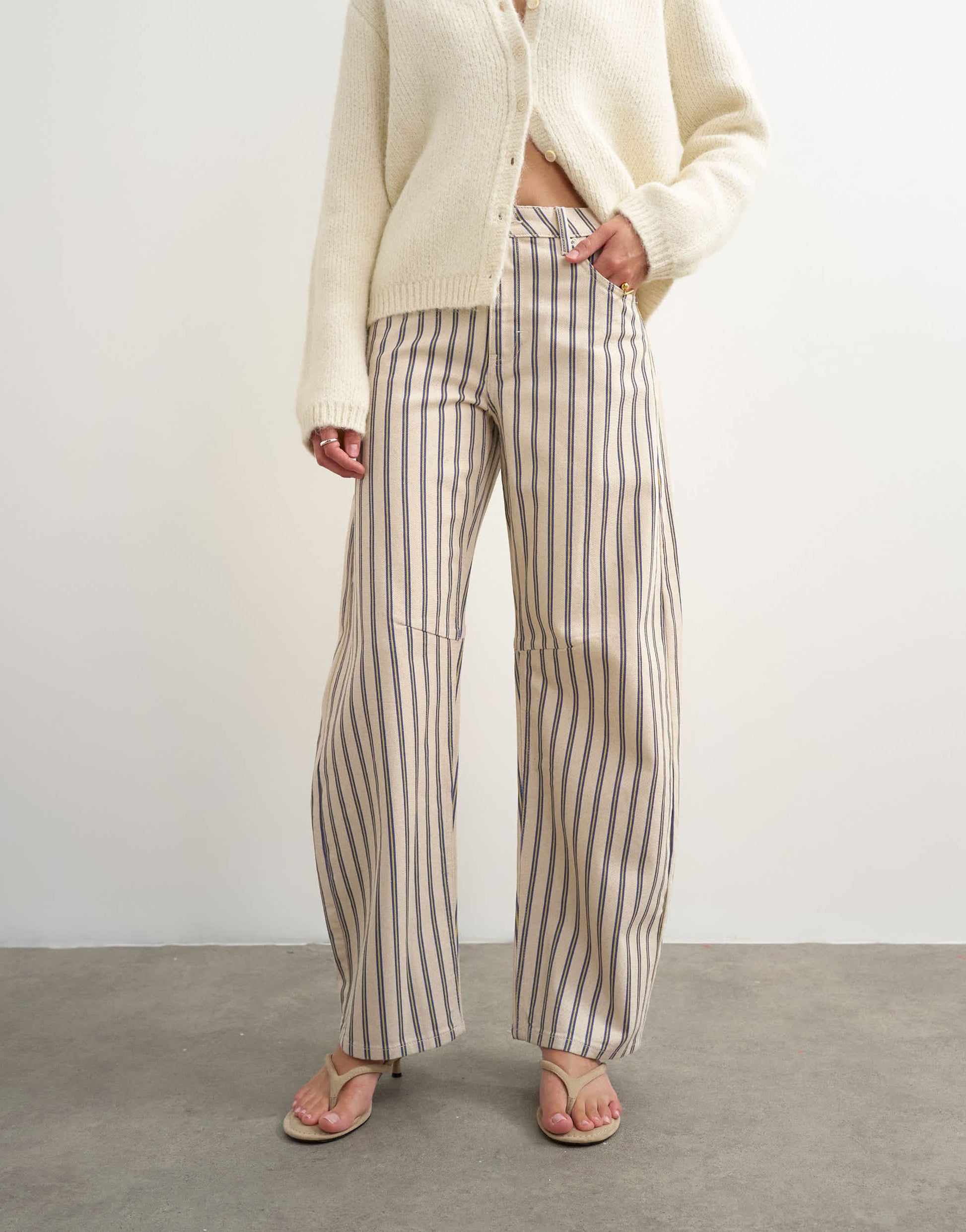 Topshop Barrel mid rise jean in blue and natural stripe