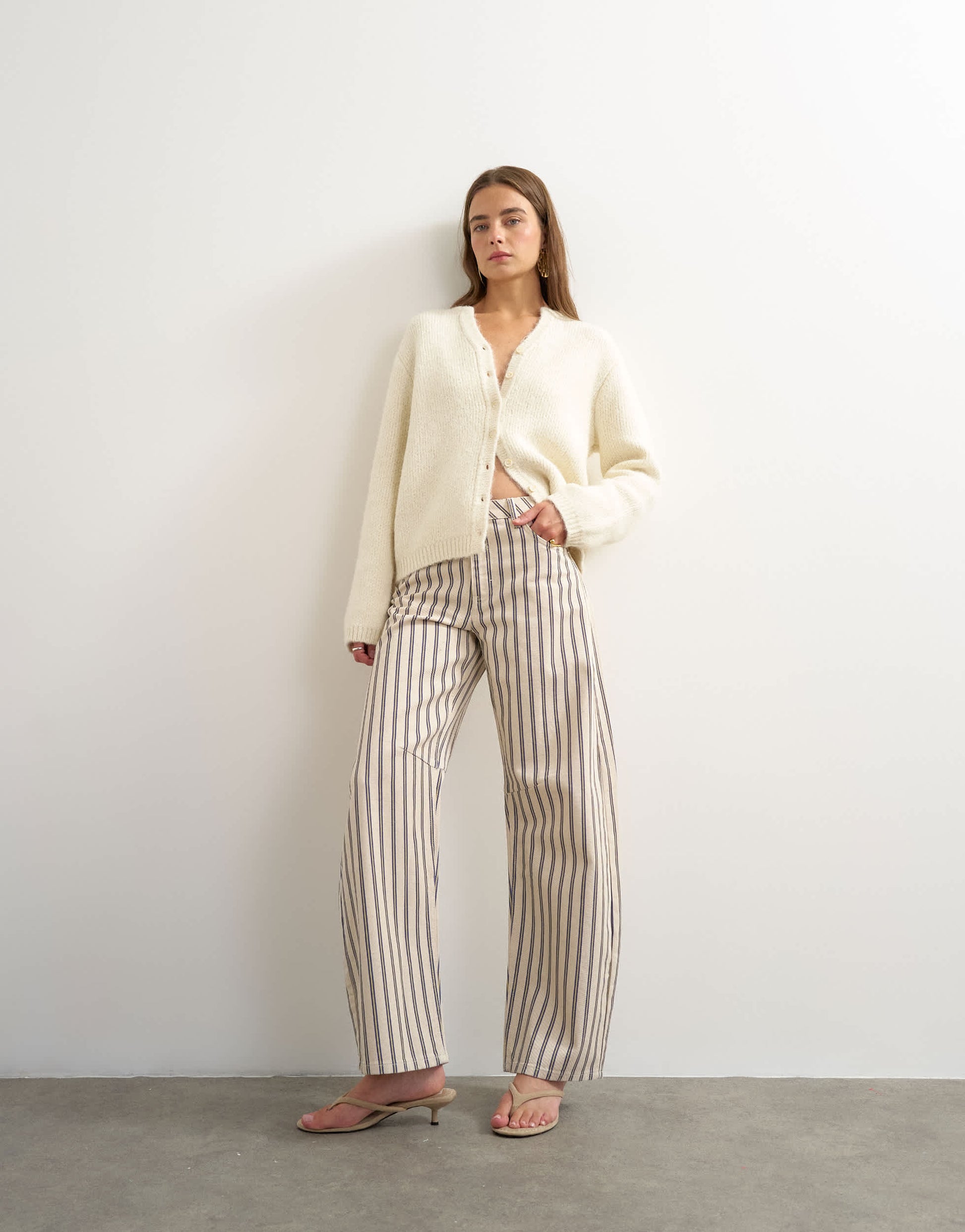 Topshop Barrel mid rise jean in blue and natural stripe