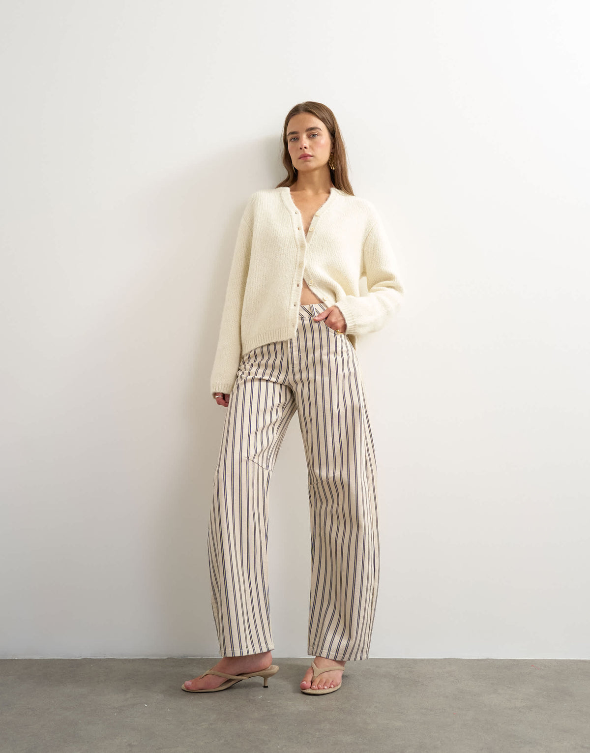 Topshop Barrel mid rise jean in blue and natural stripe