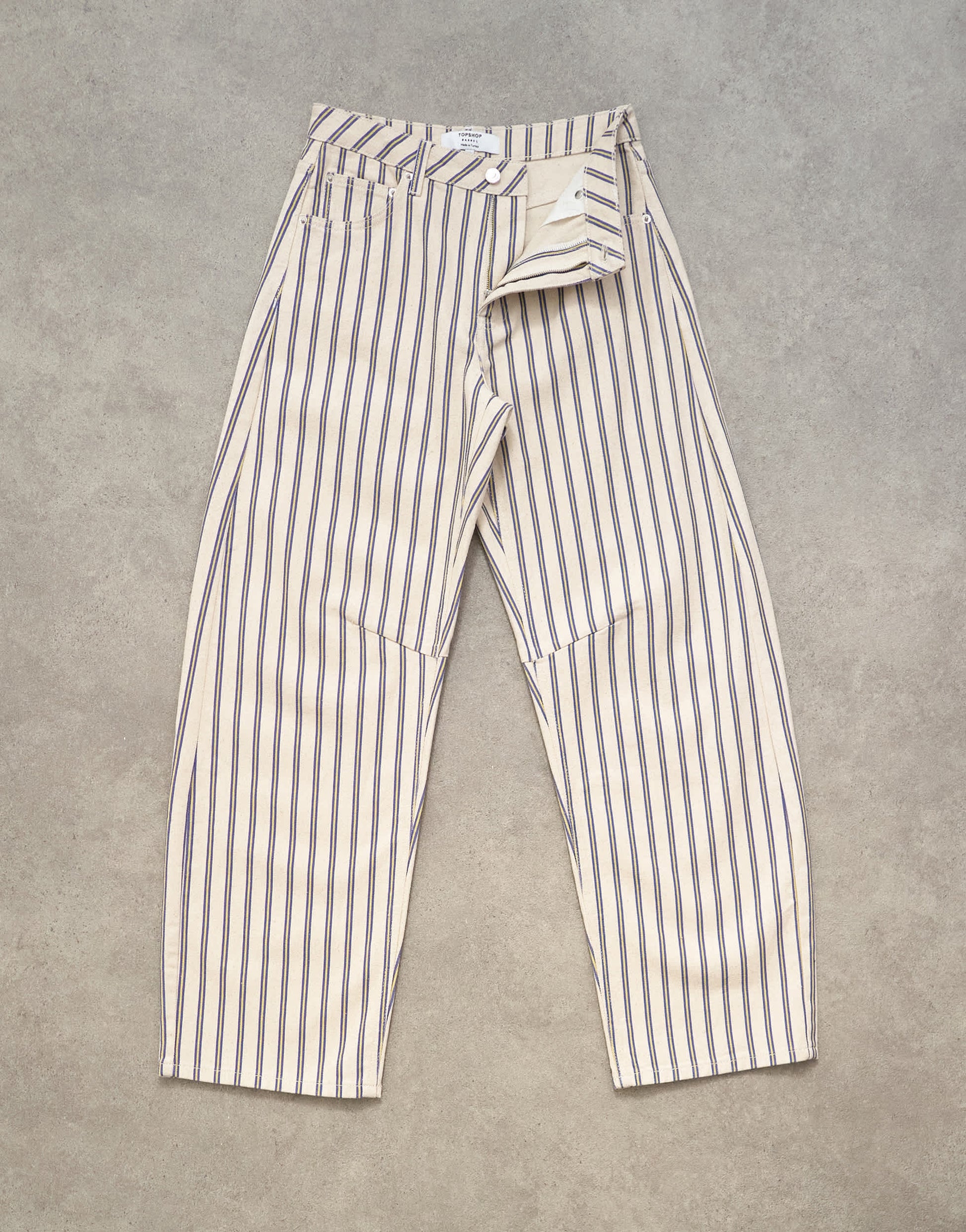 Topshop Barrel mid rise jean in blue and natural stripe