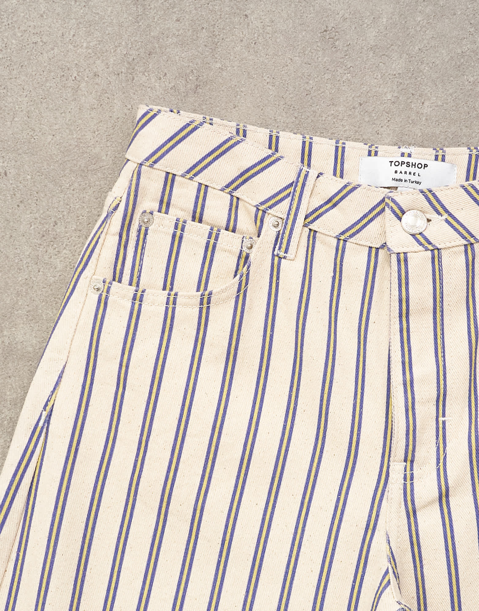 Topshop Barrel mid rise jean in blue and natural stripe