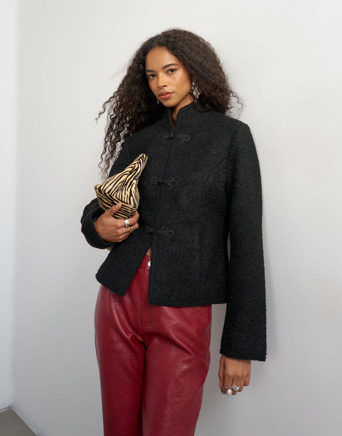 Topshop boucle short mandarin jacket with frogging in black
