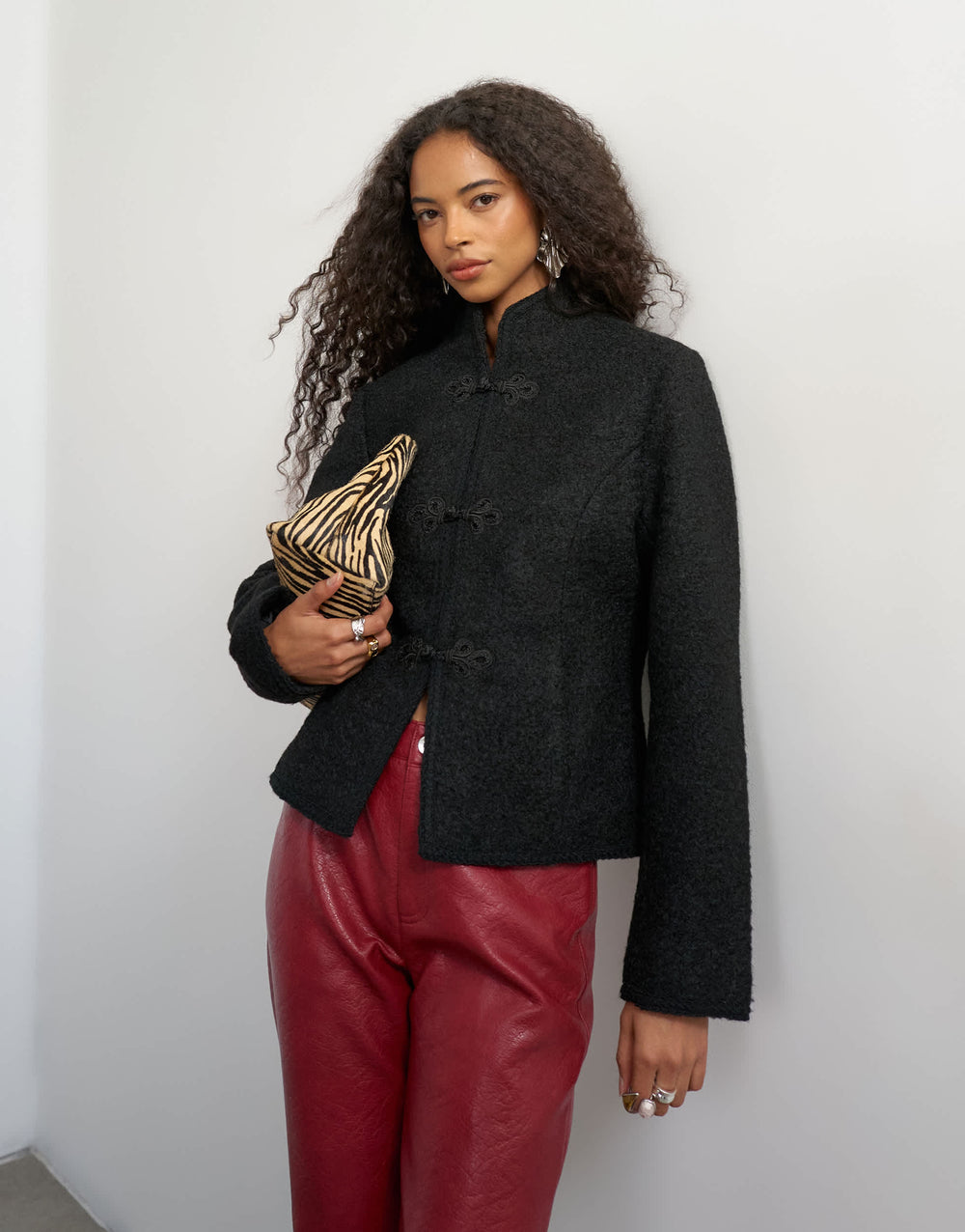 Topshop boucle short mandarin jacket with frogging in black