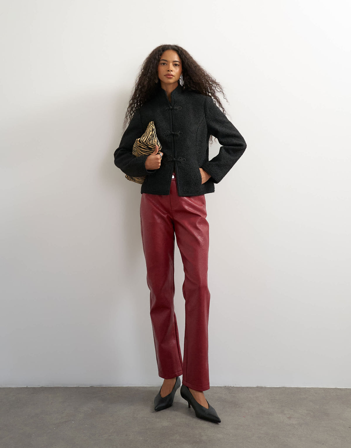 Topshop boucle short mandarin jacket with frogging in black
