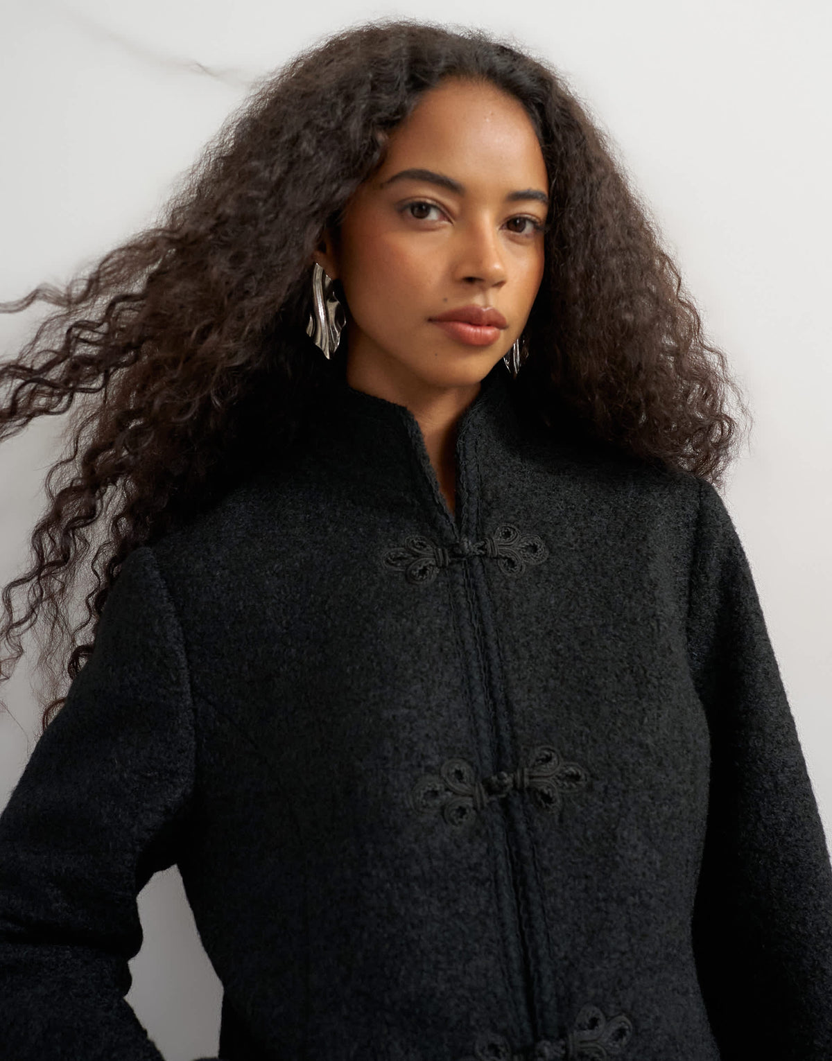 Topshop boucle short mandarin jacket with frogging in black