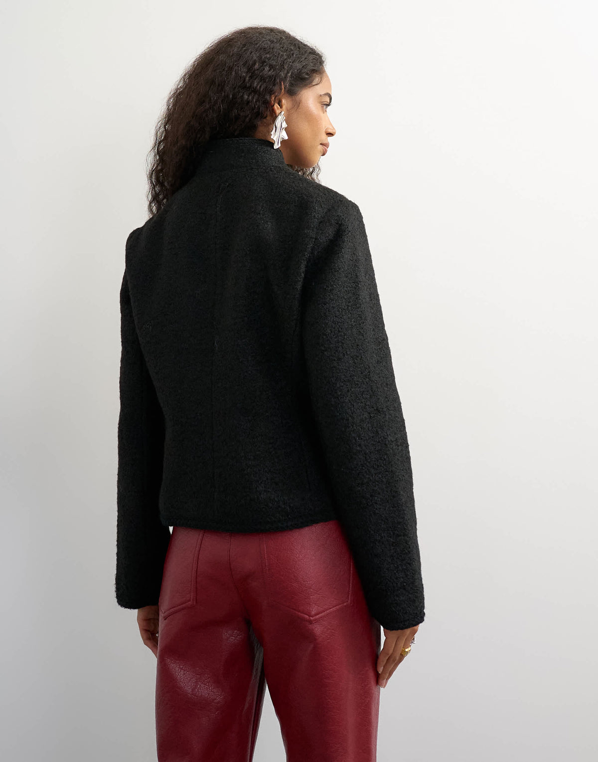 Topshop boucle short mandarin jacket with frogging in black