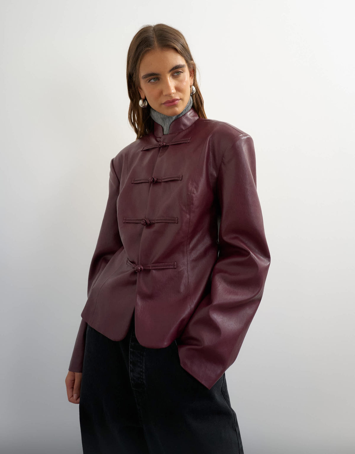 Topshop faux leather frogging fastening blazer in fig