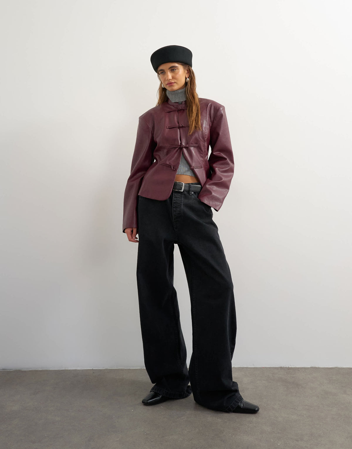 Topshop faux leather frogging fastening blazer in fig