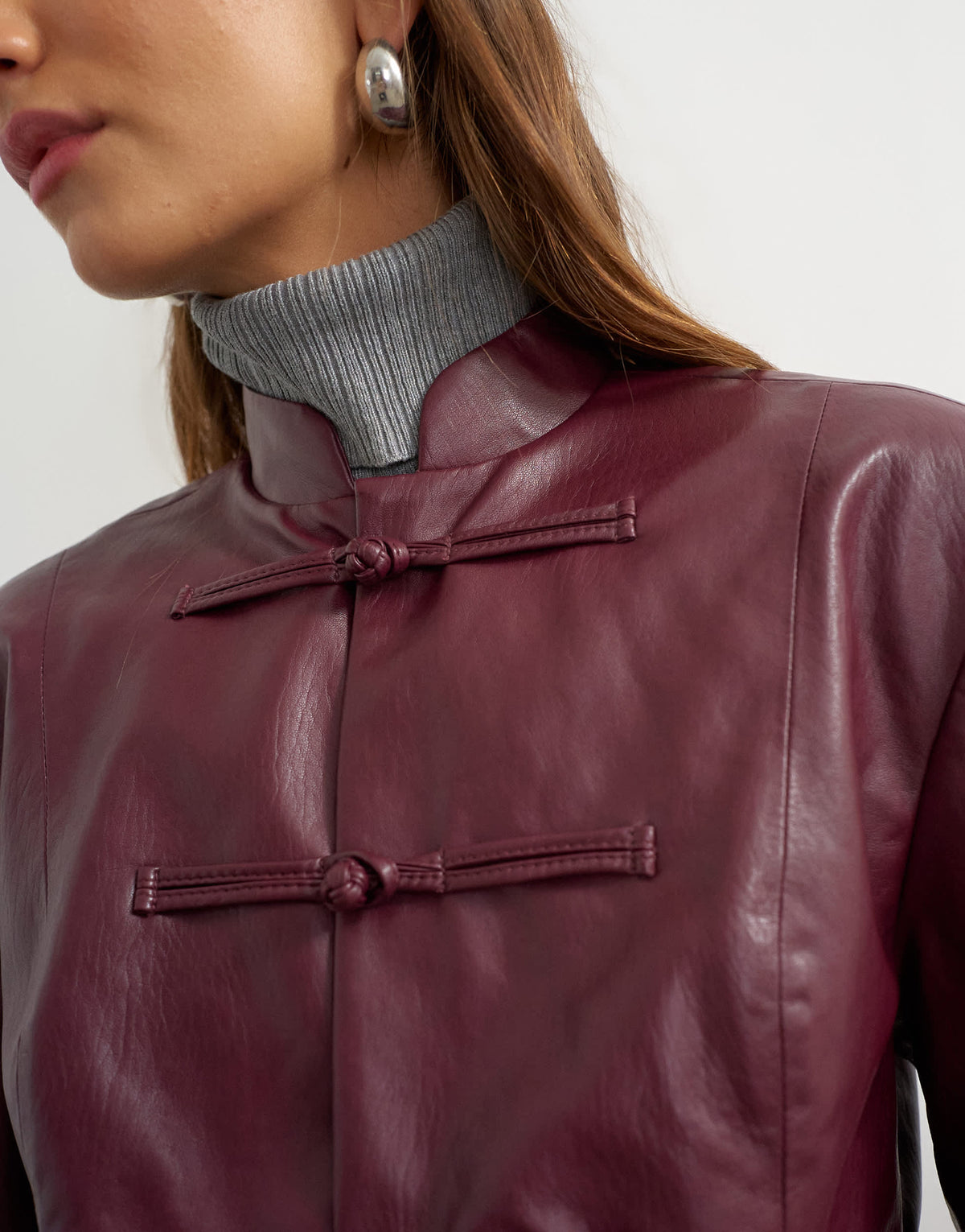 Topshop faux leather frogging fastening blazer in fig