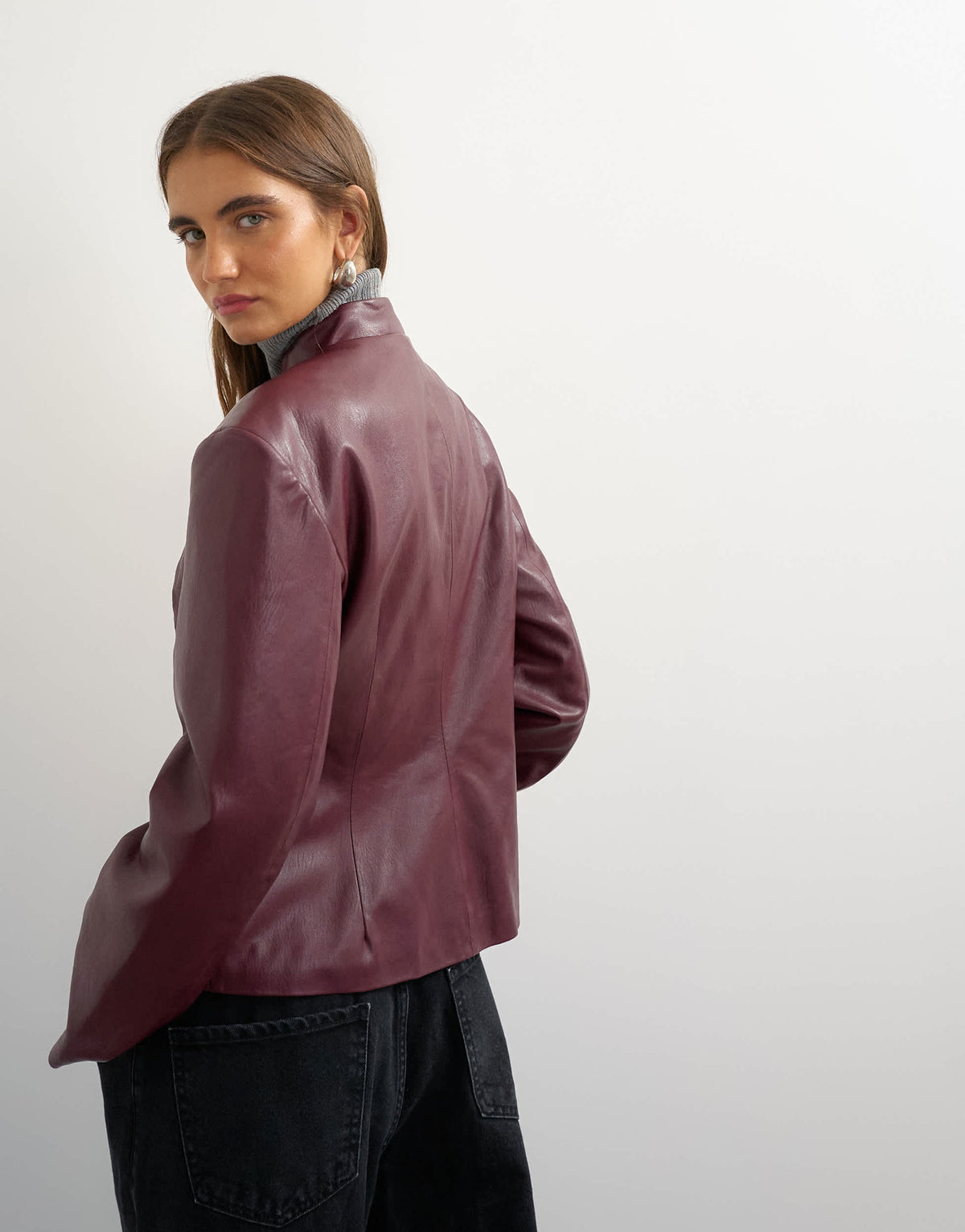 Topshop faux leather frogging fastening blazer in fig